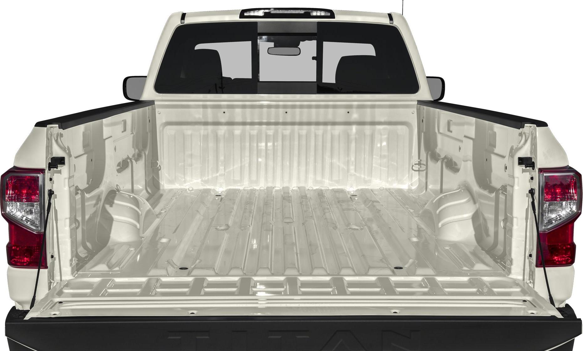 Open truck bed with tailgate down and rear window view