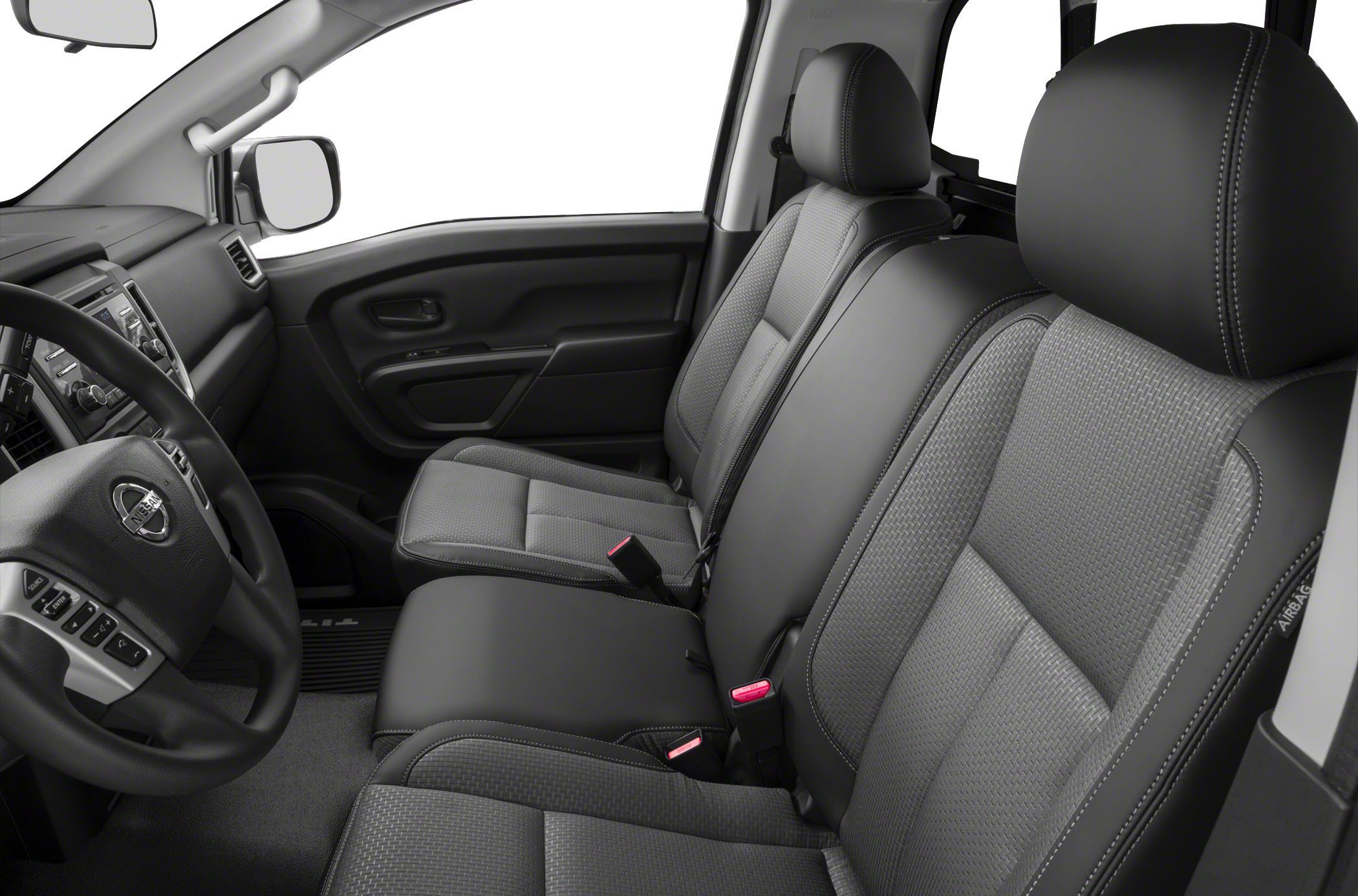 Front interior view with seats, steering wheel, and dashboard controls.