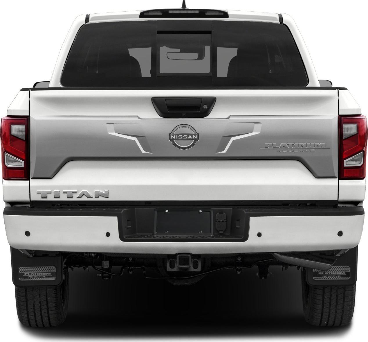 Rear view of pickup truck tailgate with lights and towing hitch