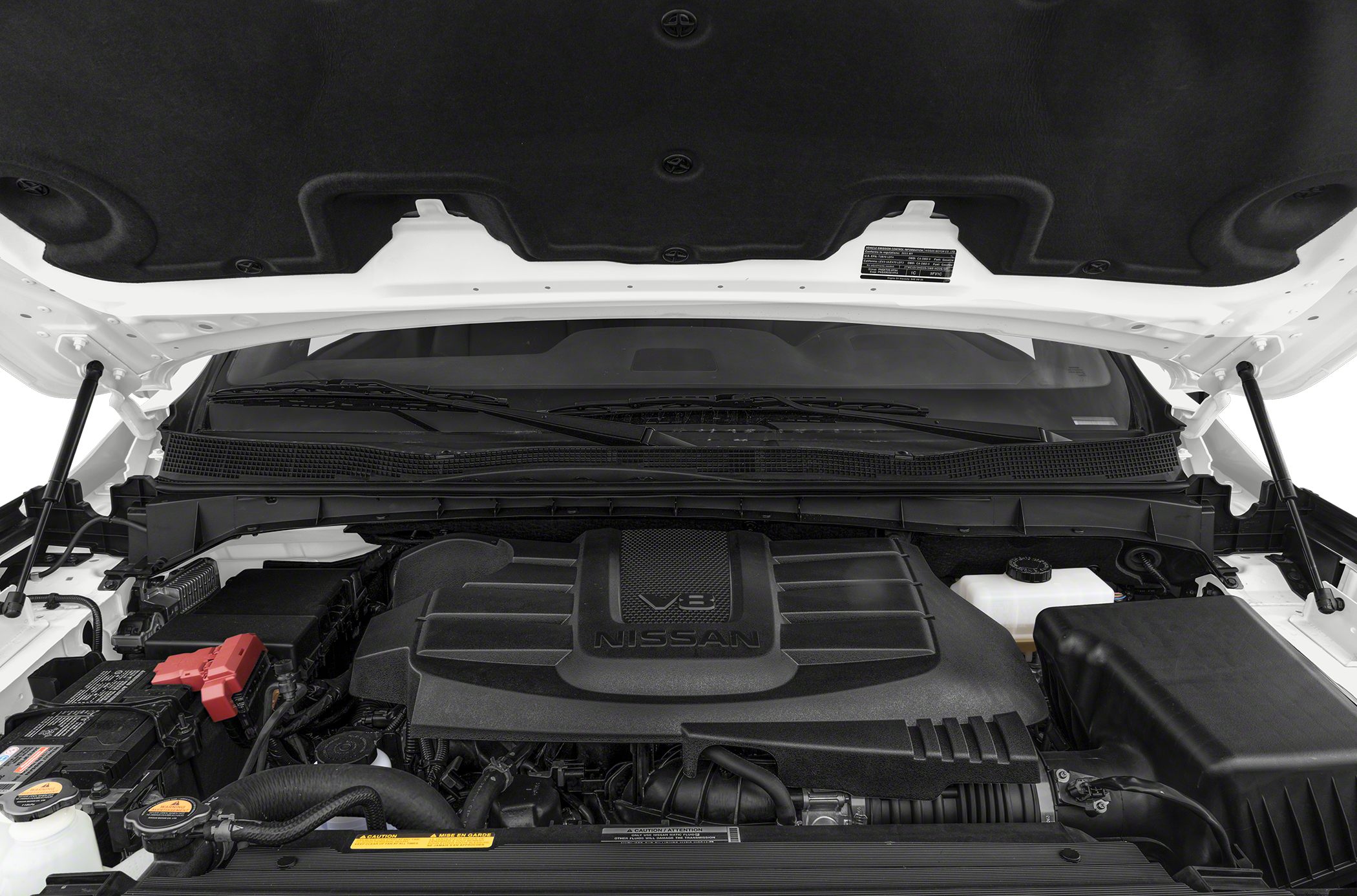 V8 engine in engine bay with open hood