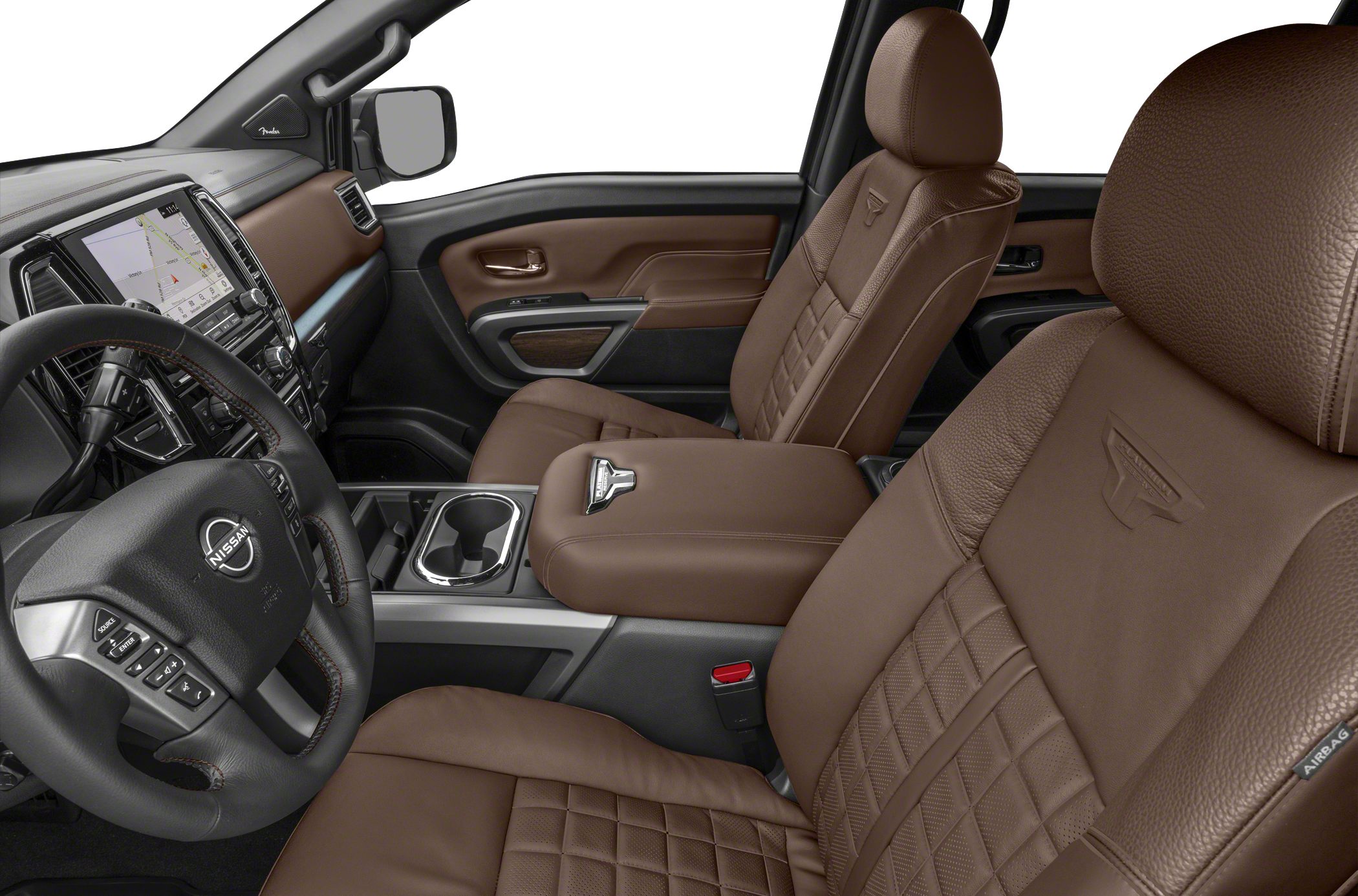 Brown leather seats and advanced dashboard in truck interior