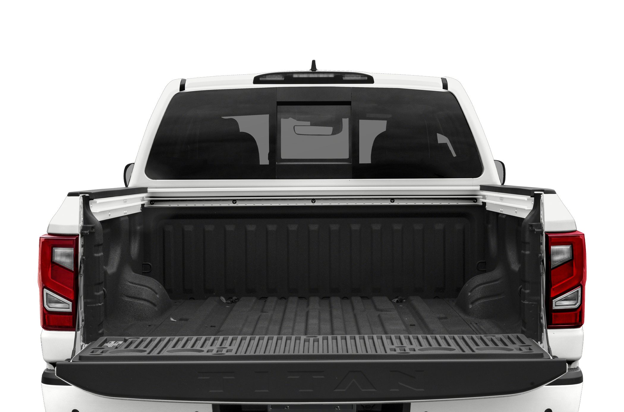 Pickup truck bed with open tailgate and tinted rear window