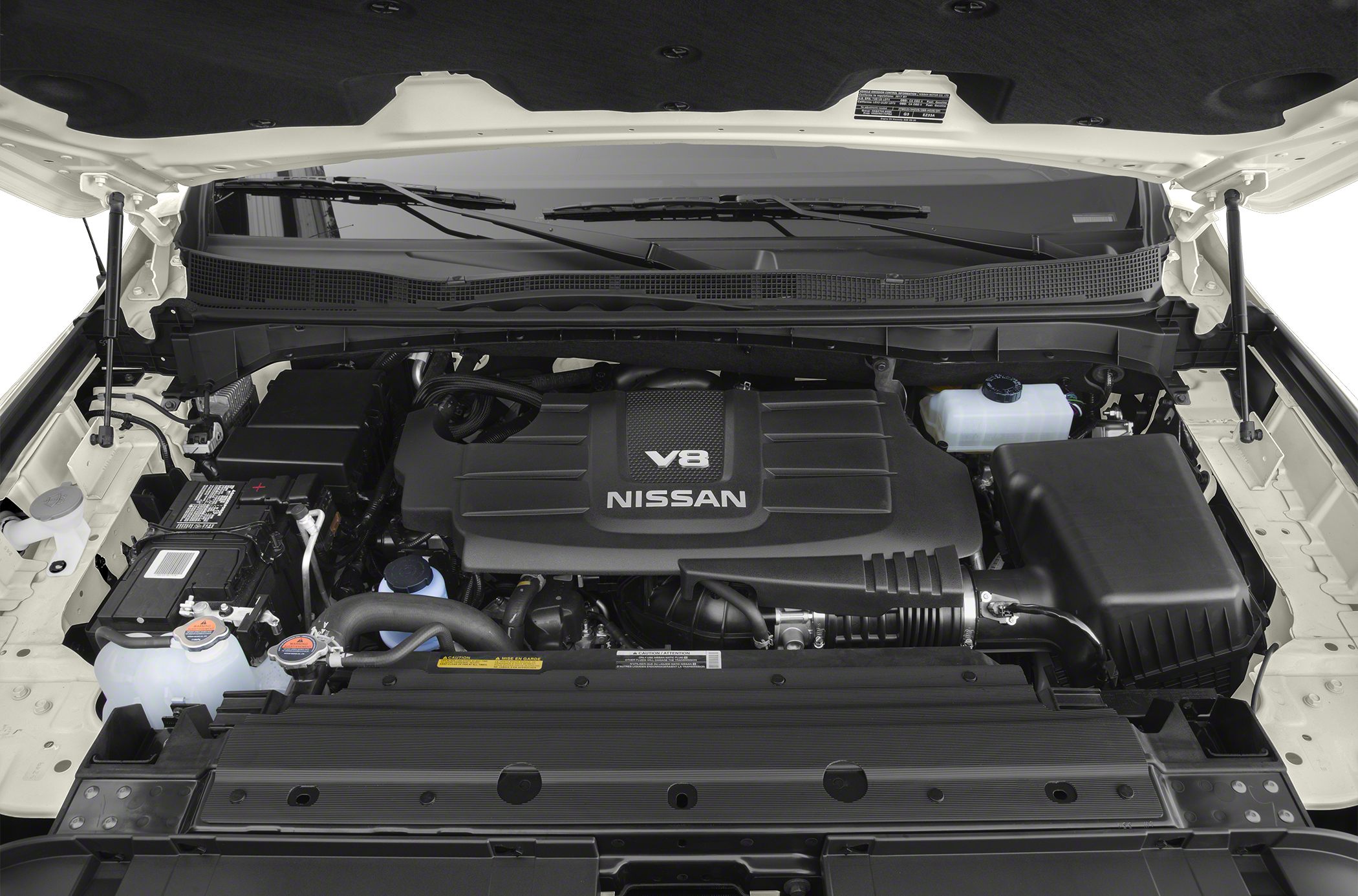 Nissan V8 engine under hood showing engine bay layout