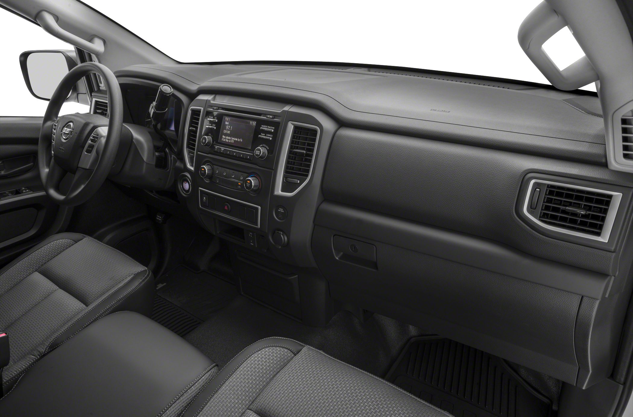 Dashboard and front seats of a truck interior
