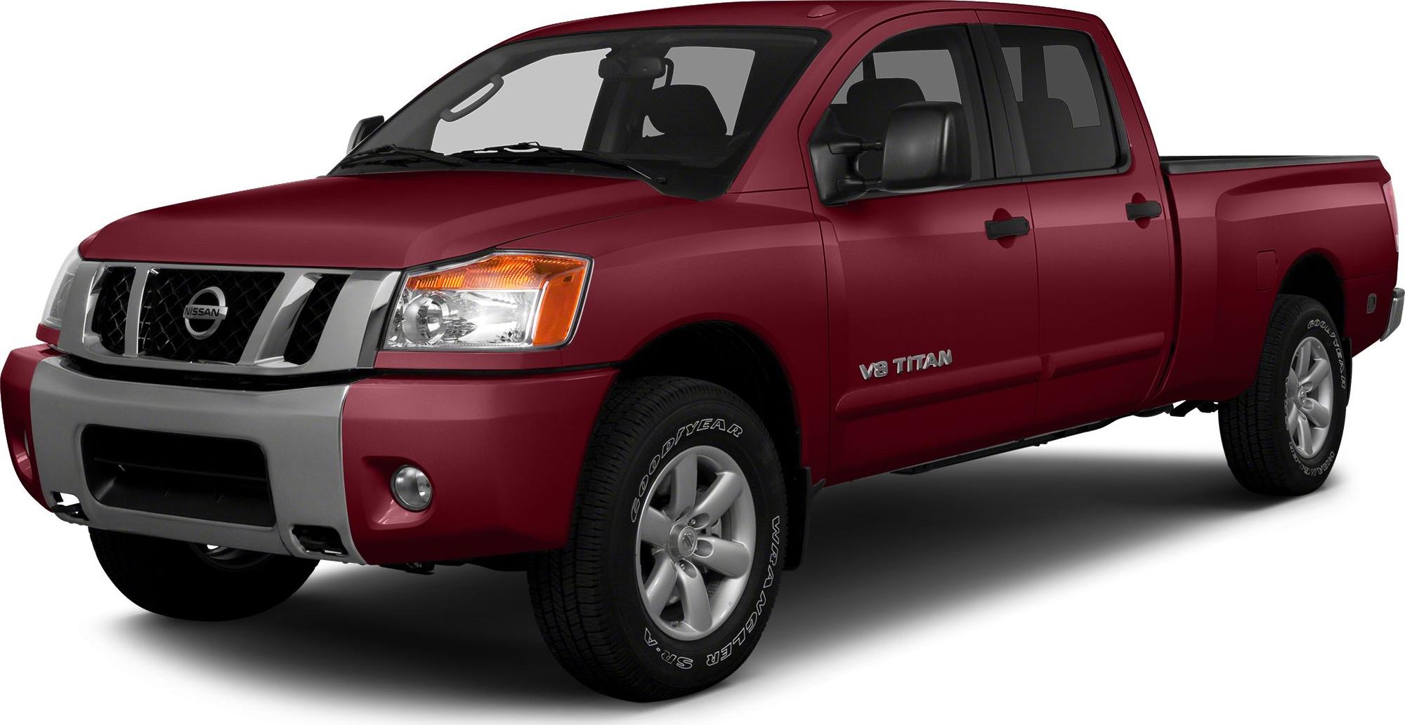 Red pickup truck front side with silver grille and V8 badge