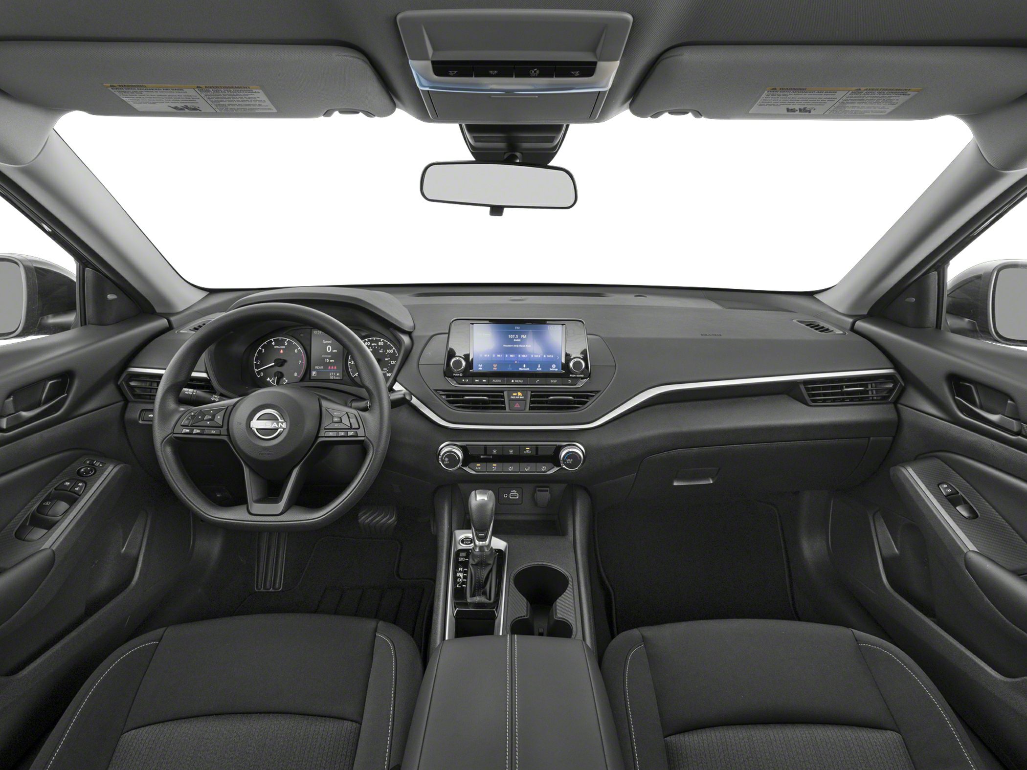 Digital instrument cluster and touchscreen infotainment system in modern sedan interior