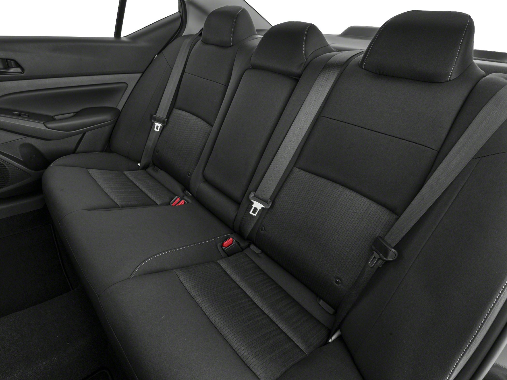 Rear seat interior with black fabric upholstery and three seatbelts