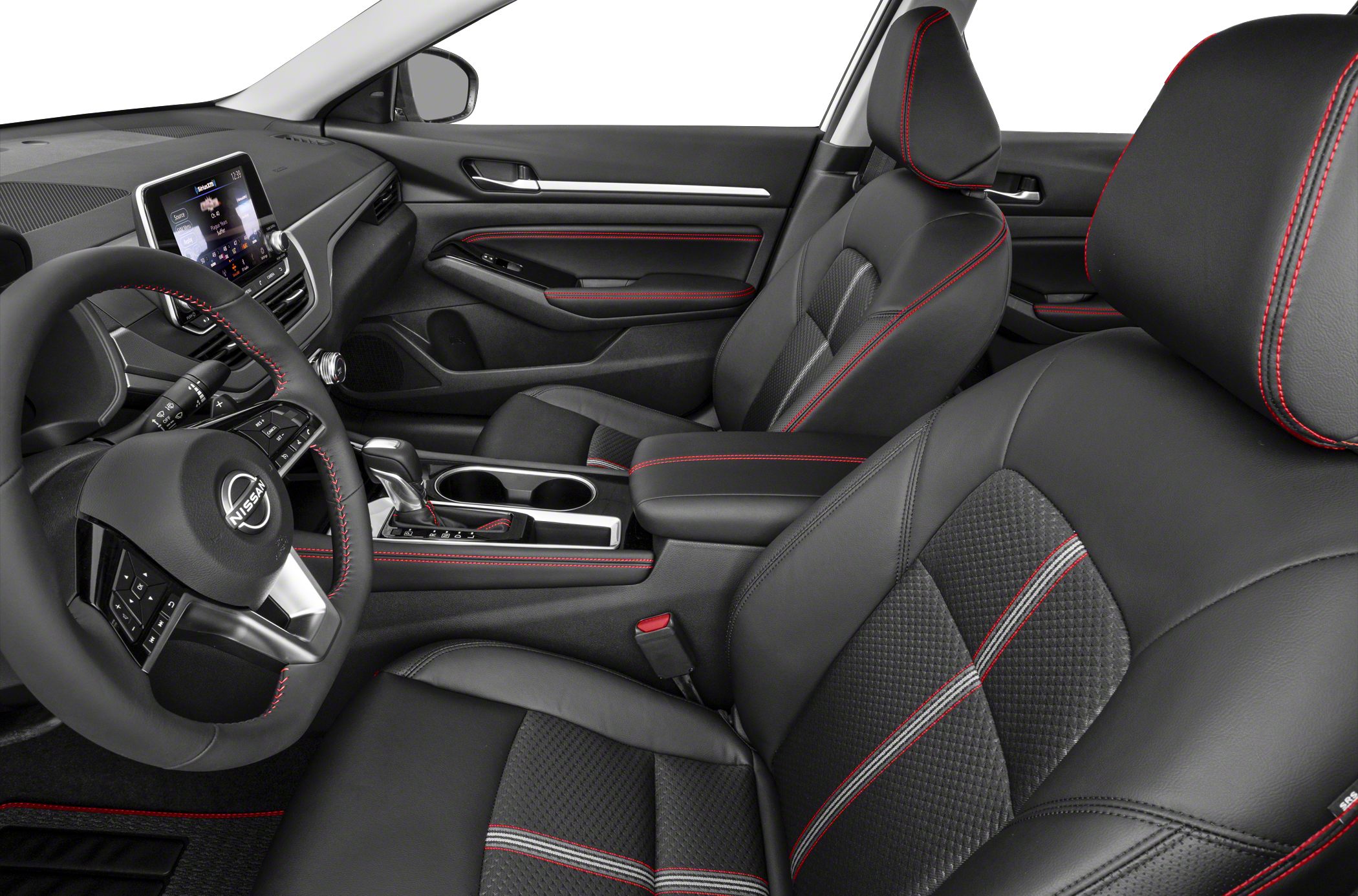Black leather seats with red stitching and modern infotainment system