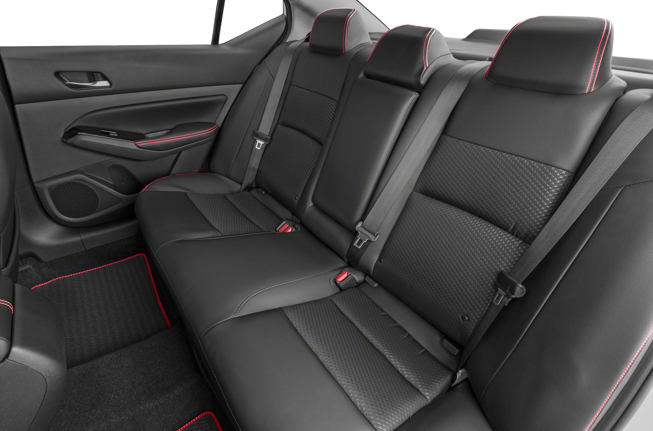 Rear seat with black upholstery and red contrast stitching