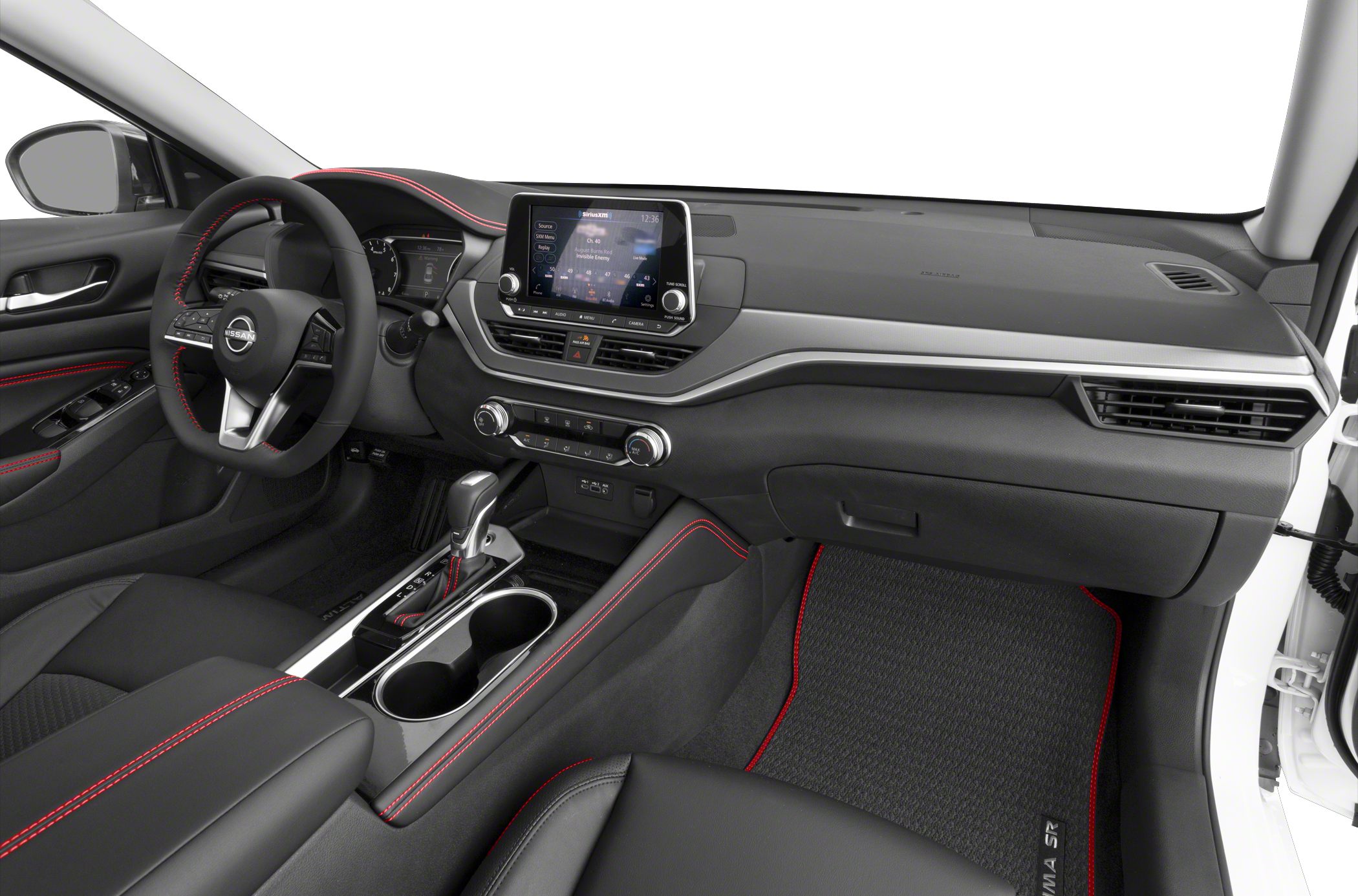 Modern car interior with touchscreen and red stitching