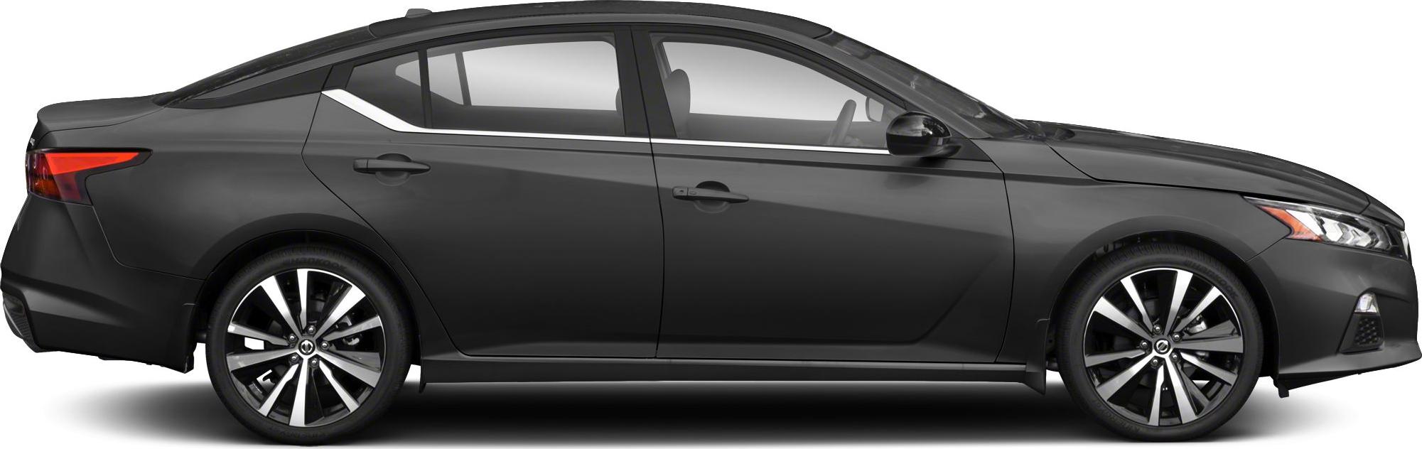 Side profile of a sleek modern sedan with prominent alloy wheels and aerodynamic shape