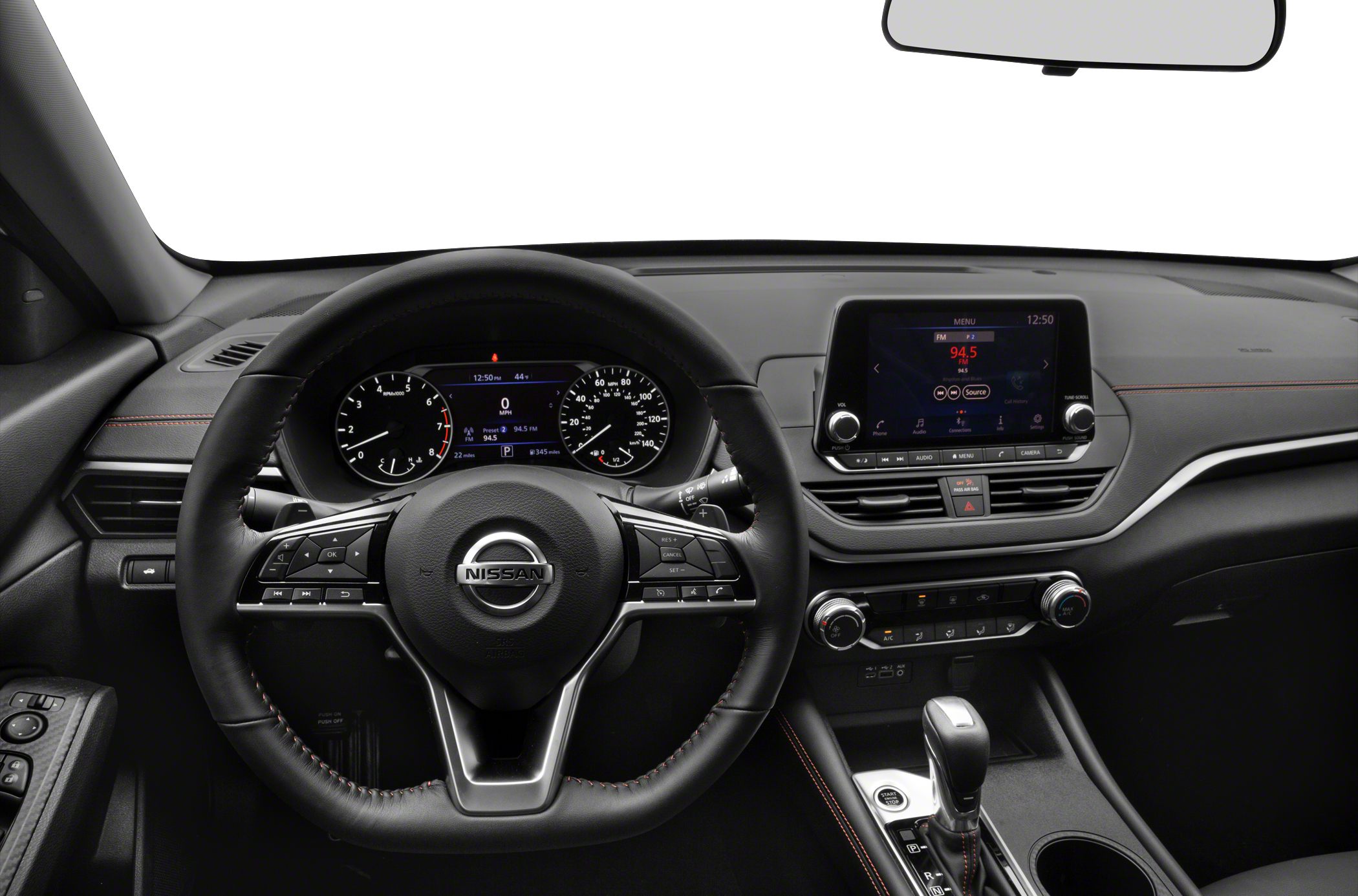 Steering wheel with controls, dashboard layout, touchscreen infotainment