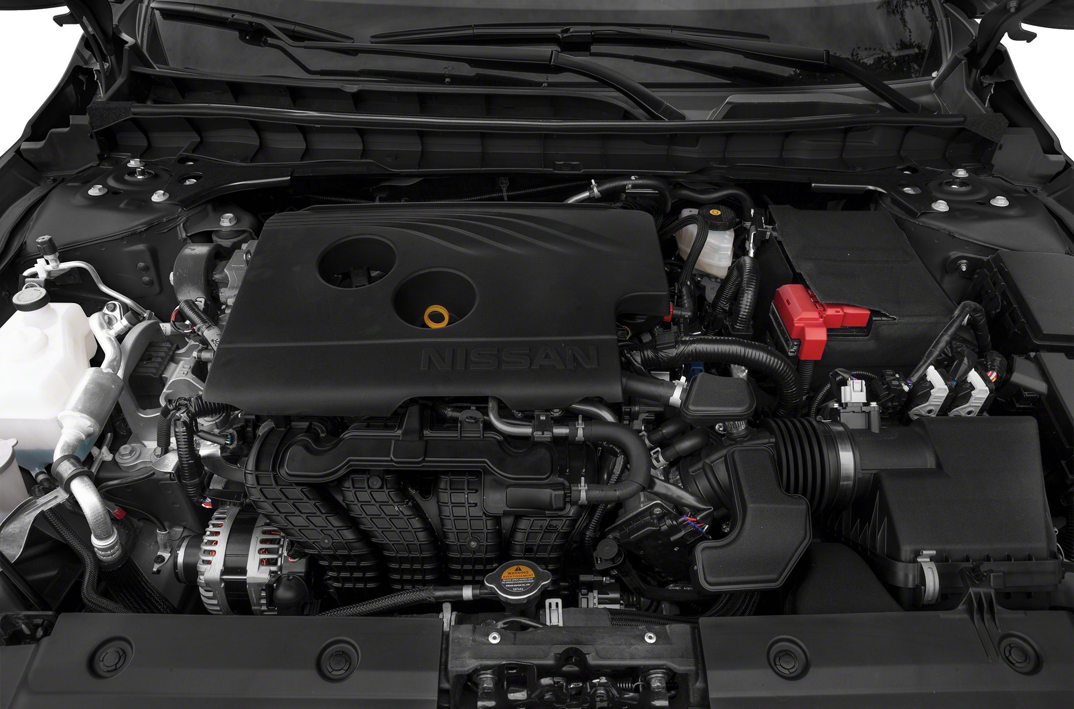 Engine bay with engine cover and key mechanical components