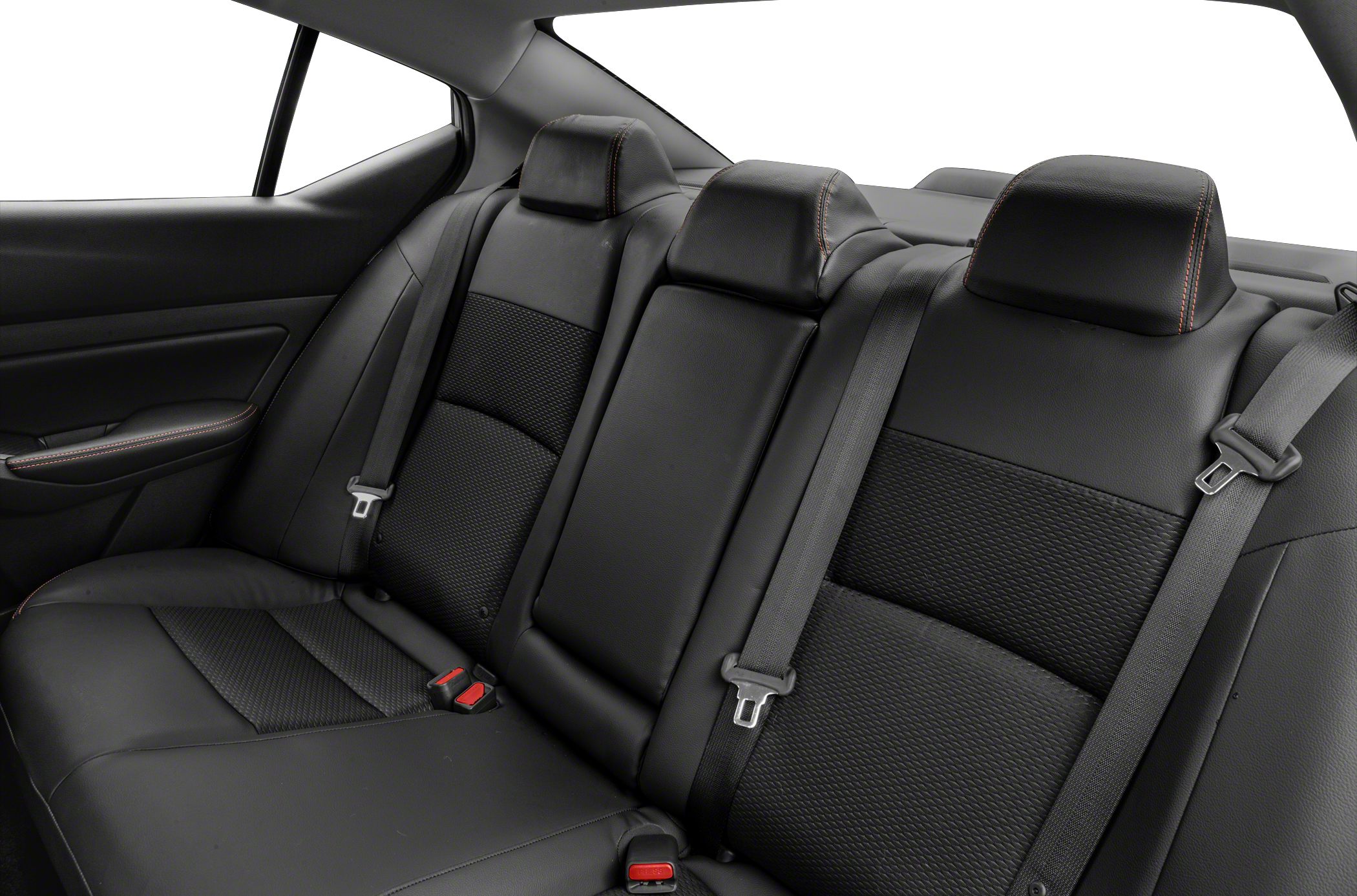 Black rear seat interior with leather upholstery and seatbelts