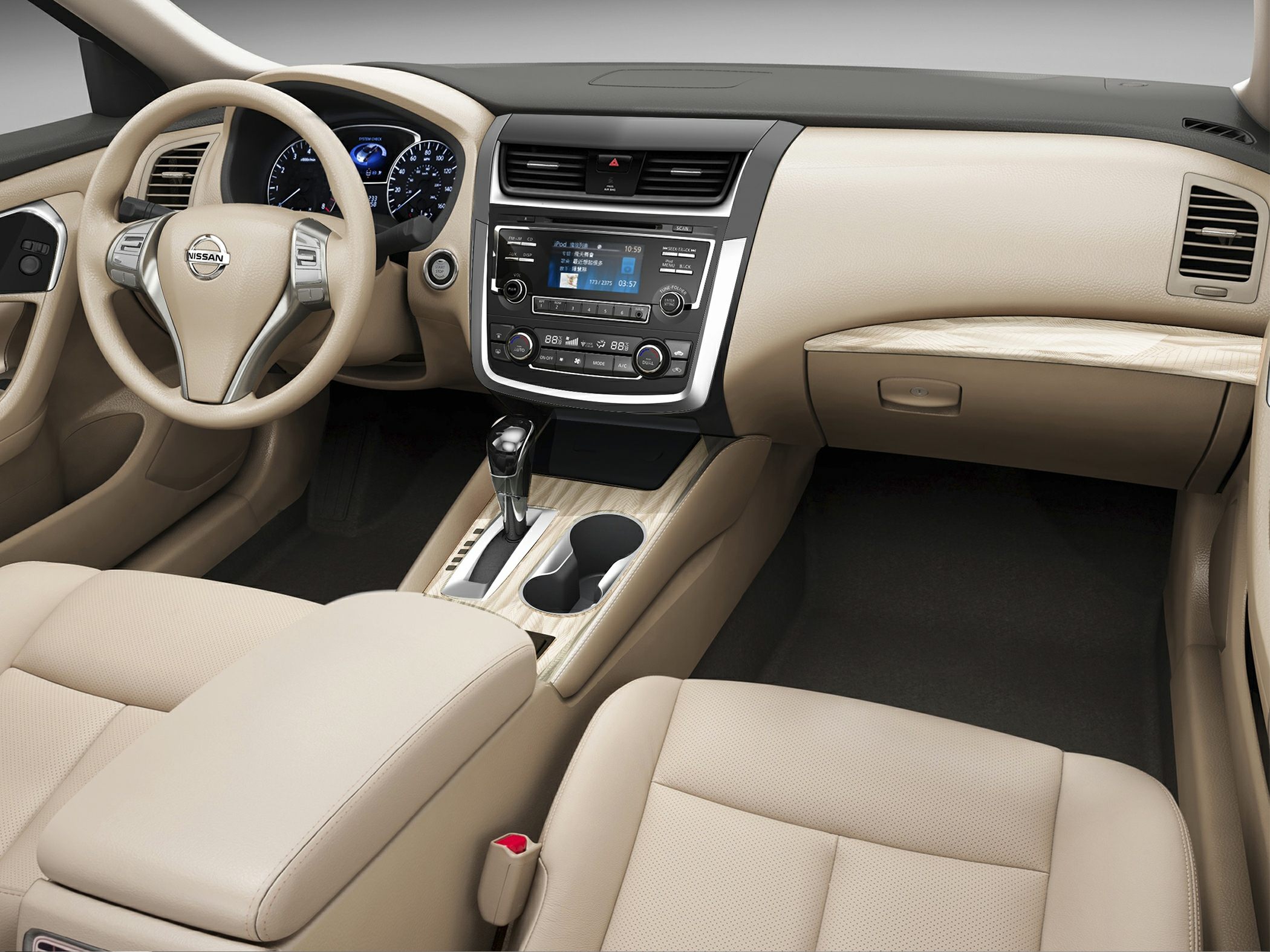 Beige dashboard and center console with digital display and automatic gearshift