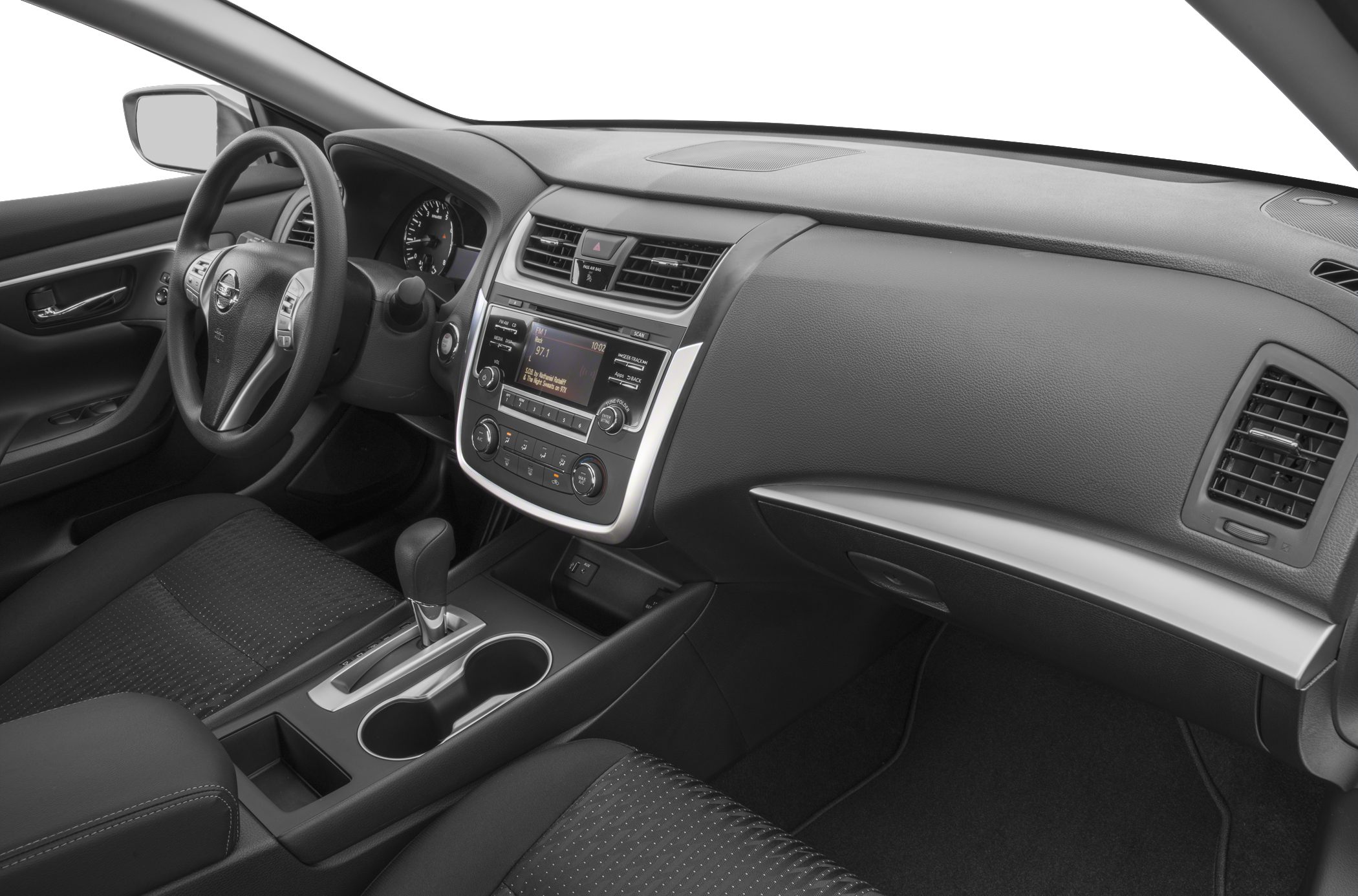 Interior dashboard and center console with steering wheel controls