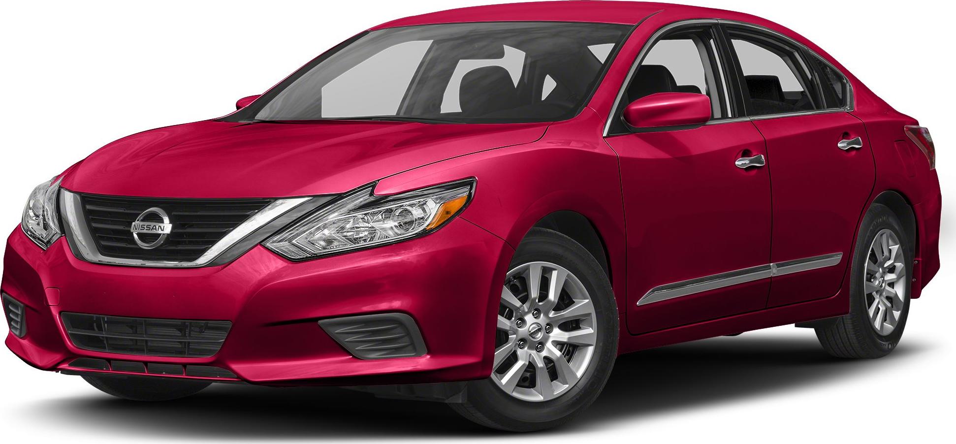 Red sedan showing front grille, headlights, and alloy wheels.