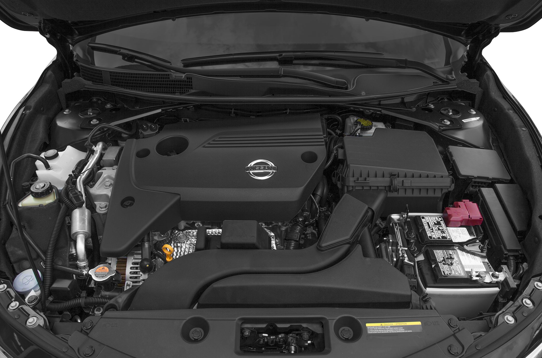Engine bay with engine cover, battery, and fluid reservoirs