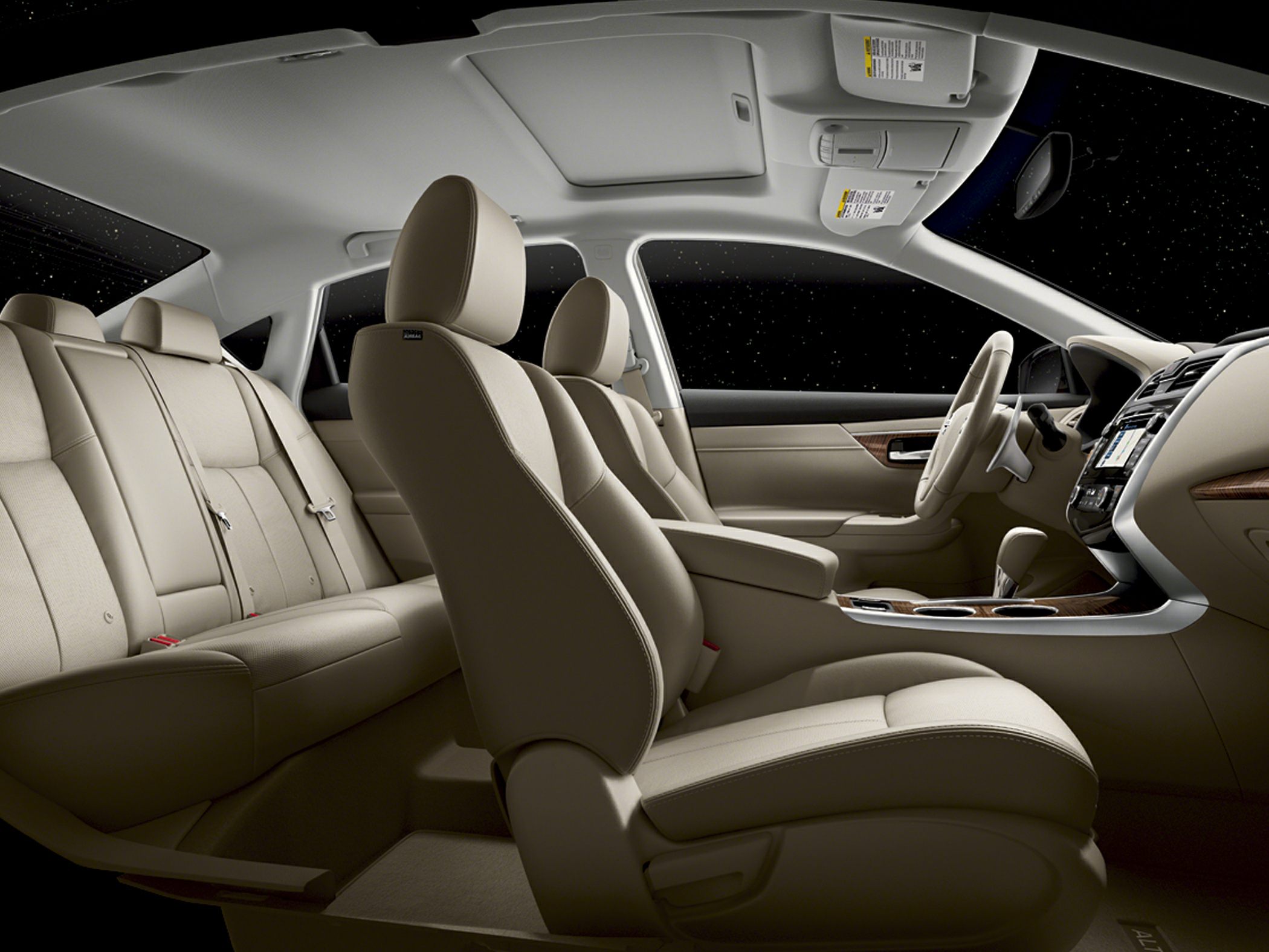Beige leather seats with wood trim and panoramic sunroof