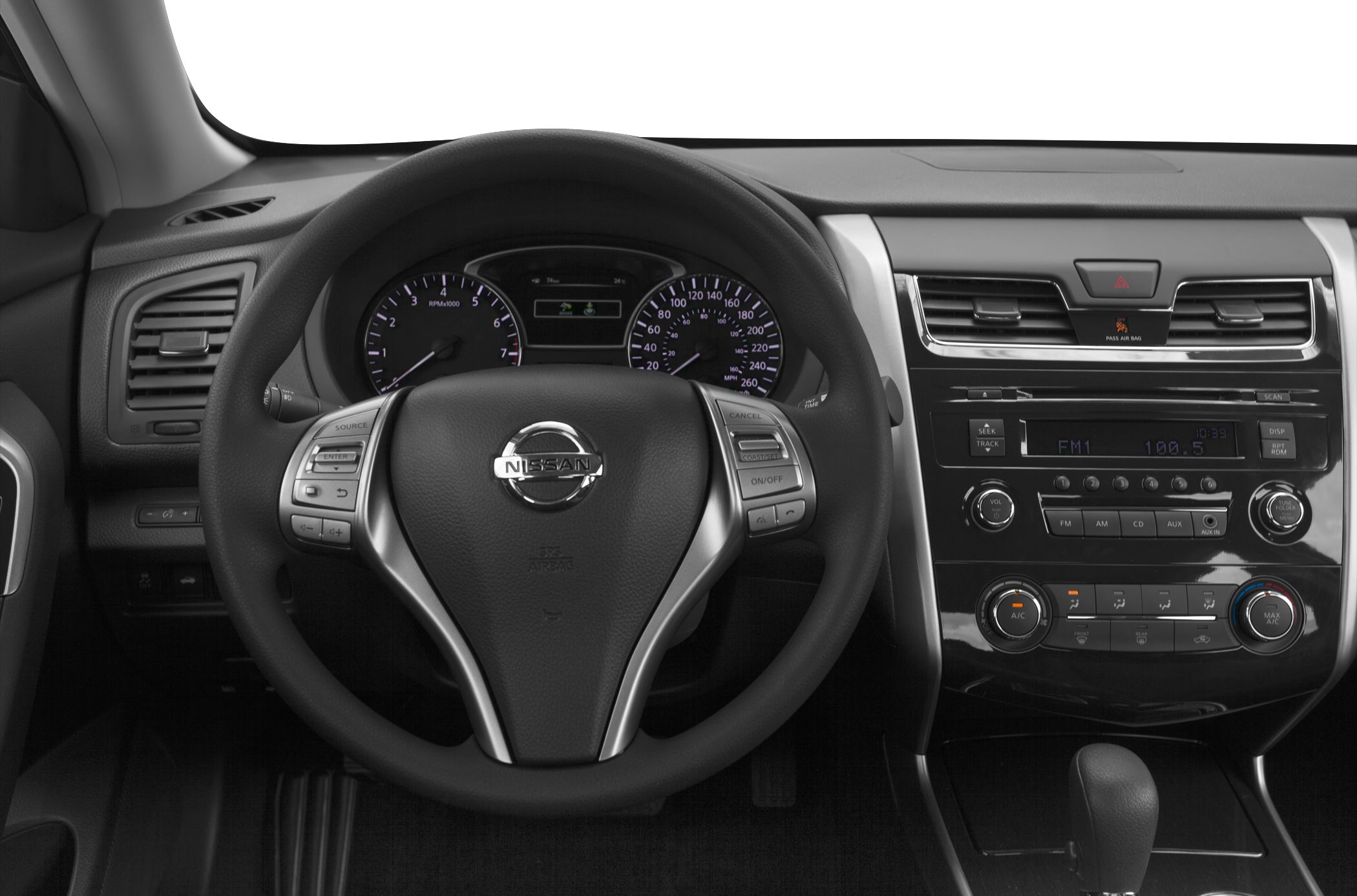 Steering wheel with mounted controls and dashboard instrument cluster