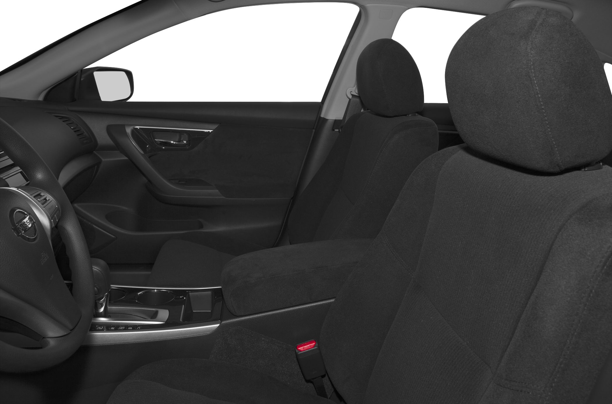 Front seats and door panel with fabric upholstery and center console
