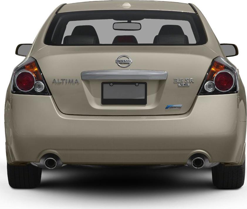Rear view with taillights and dual exhaust of a beige sedan