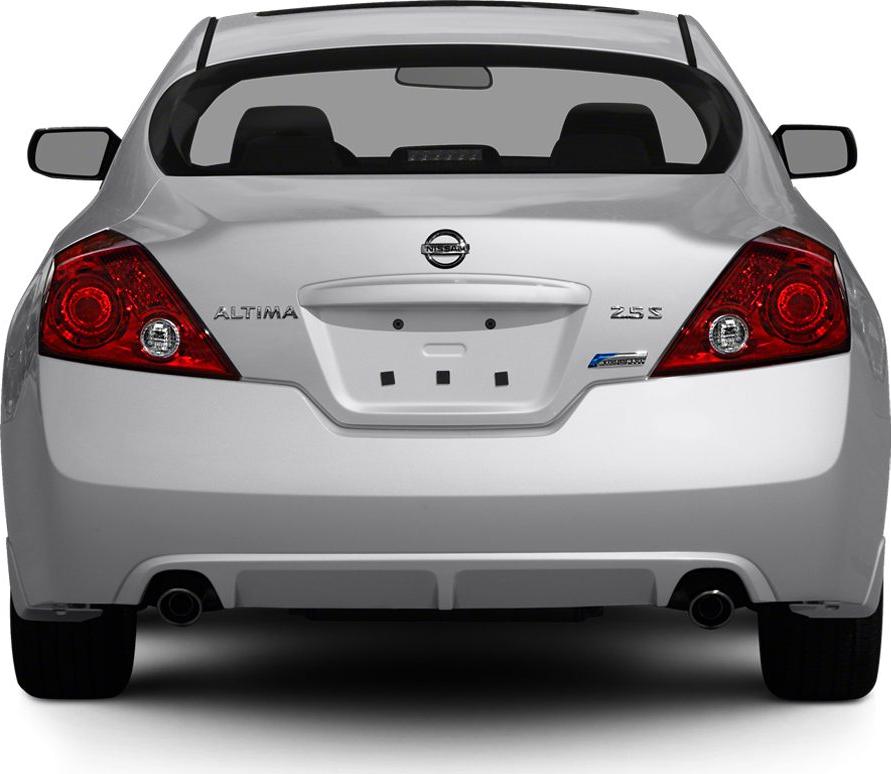 Rear view of a coupe car with dual exhaust and distinctive tail lights