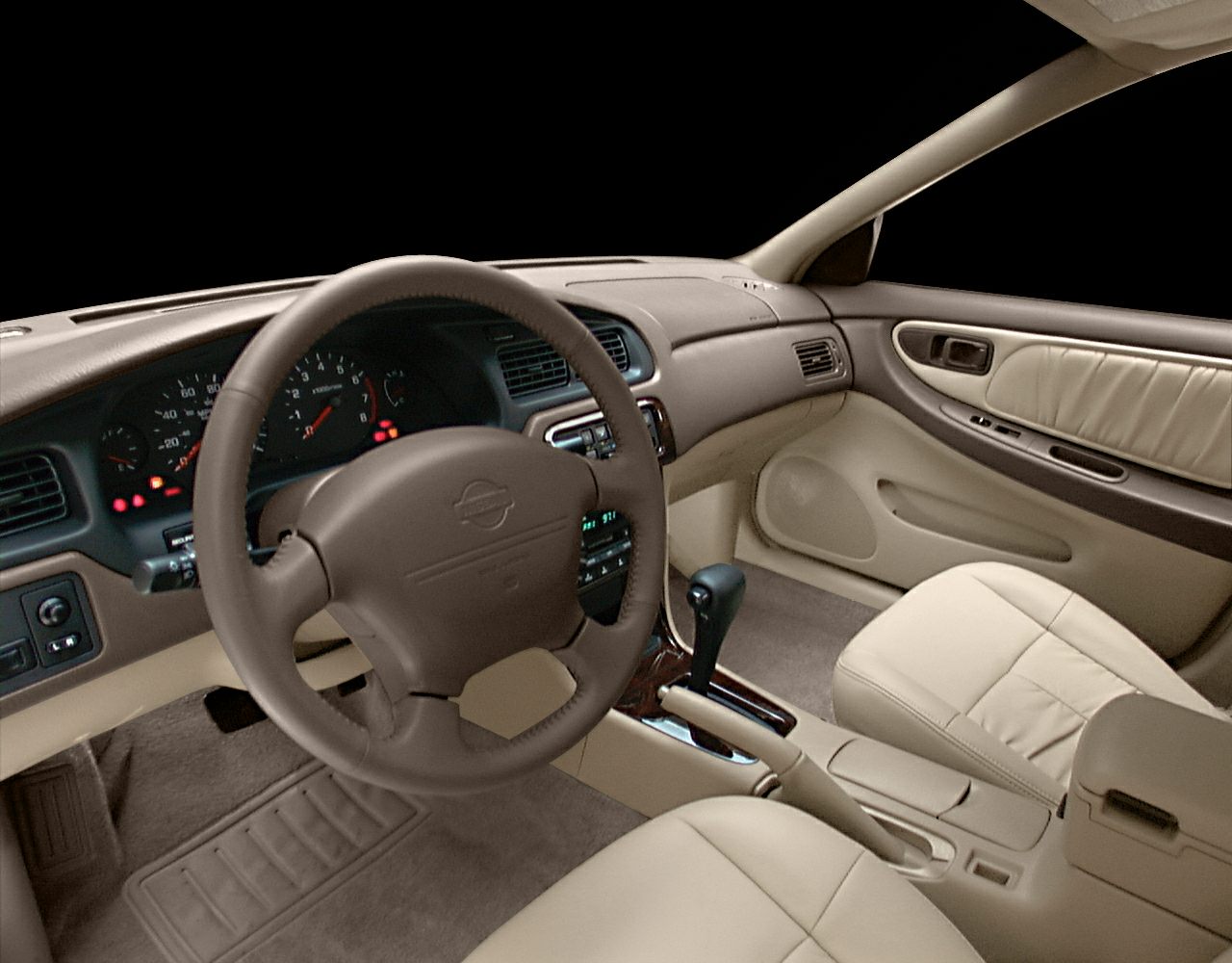Classic beige interior with dashboard, steering wheel, and front seats
