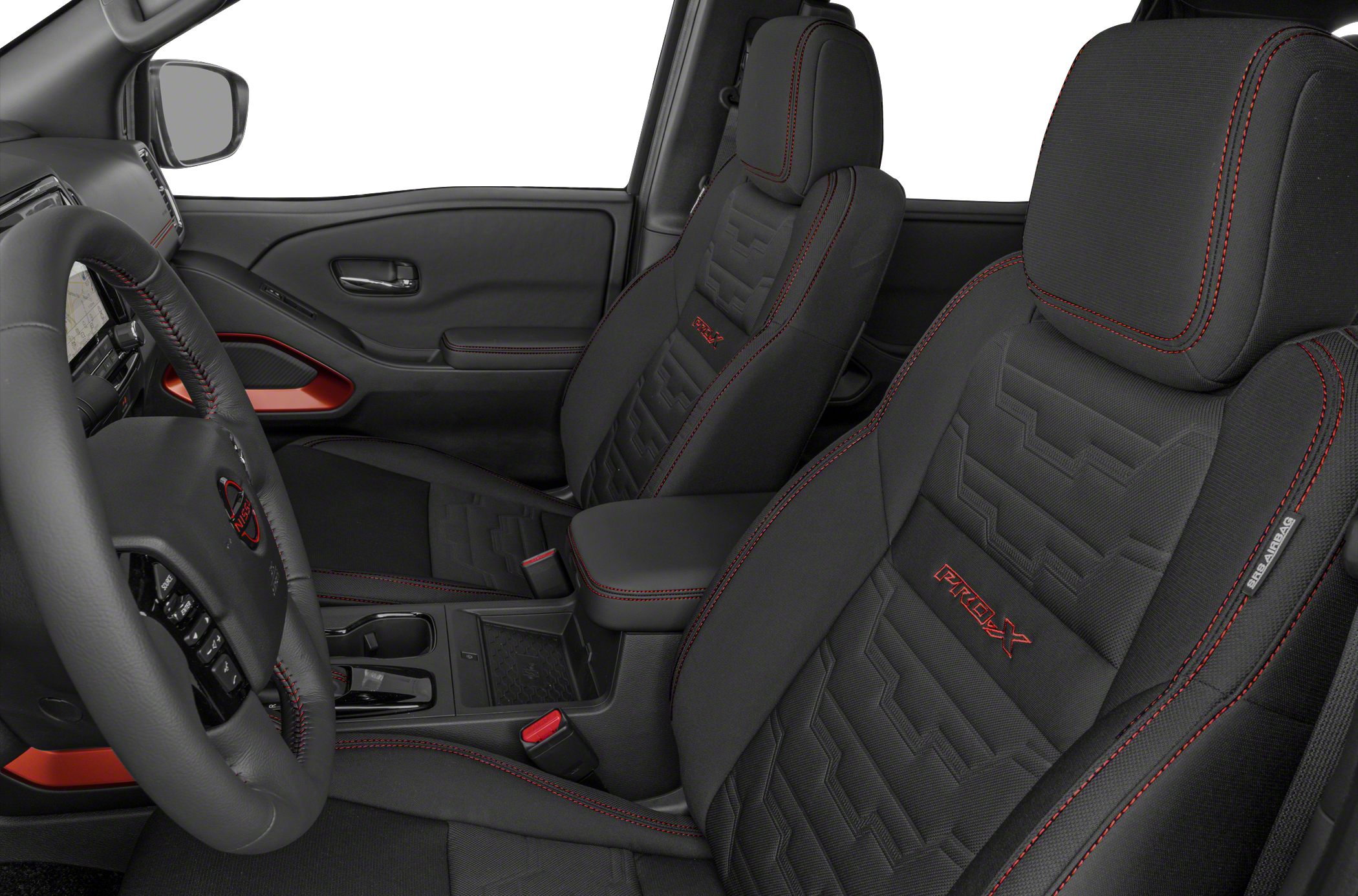 Sporty black seats with red stitching and PRO-4X branding