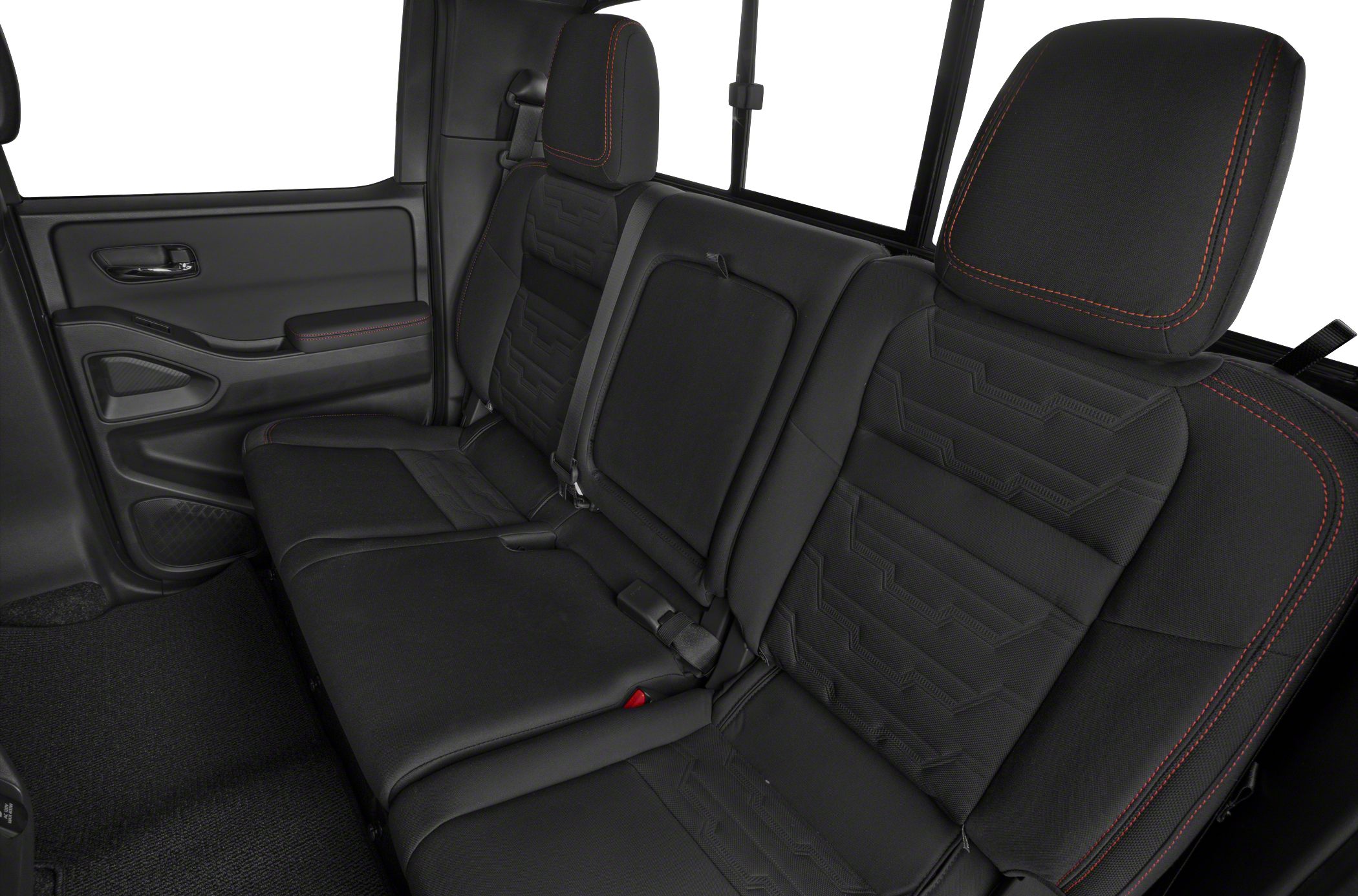 Black rear seat upholstery with red stitching in pickup crew cab
