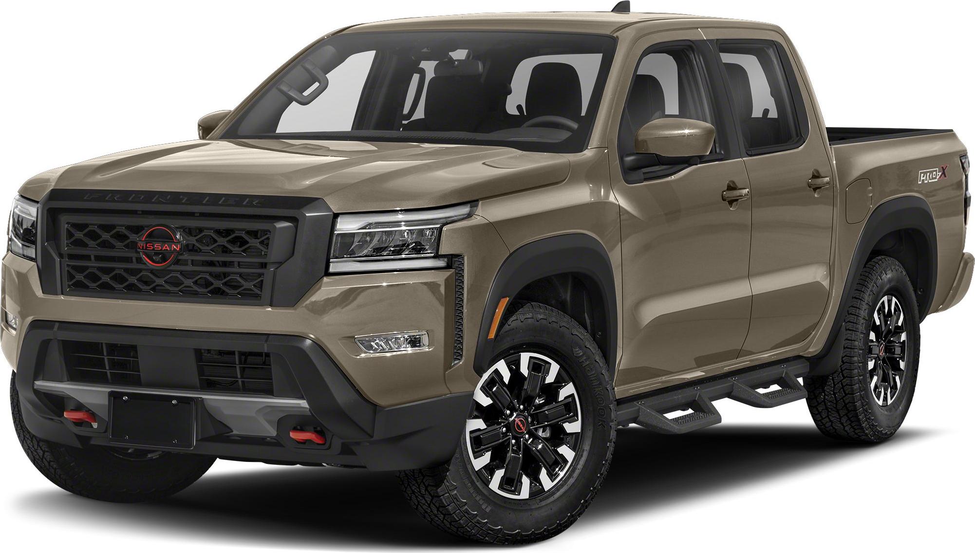 Front view of pickup with bold grille and crew cab long bed