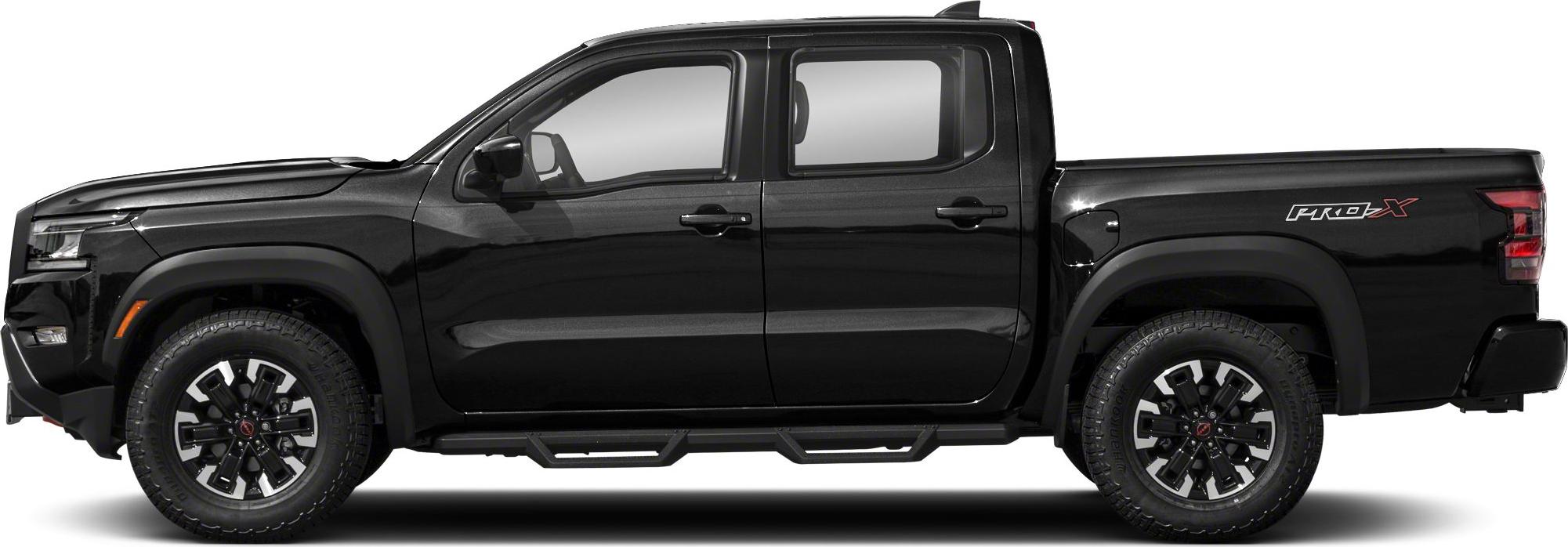 Side profile of black pickup with four doors and off-road wheels