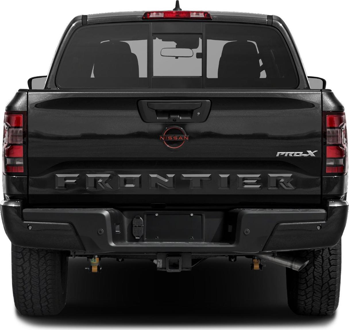 Rear view of pickup tailgate with bold Frontier lettering and split rear window
