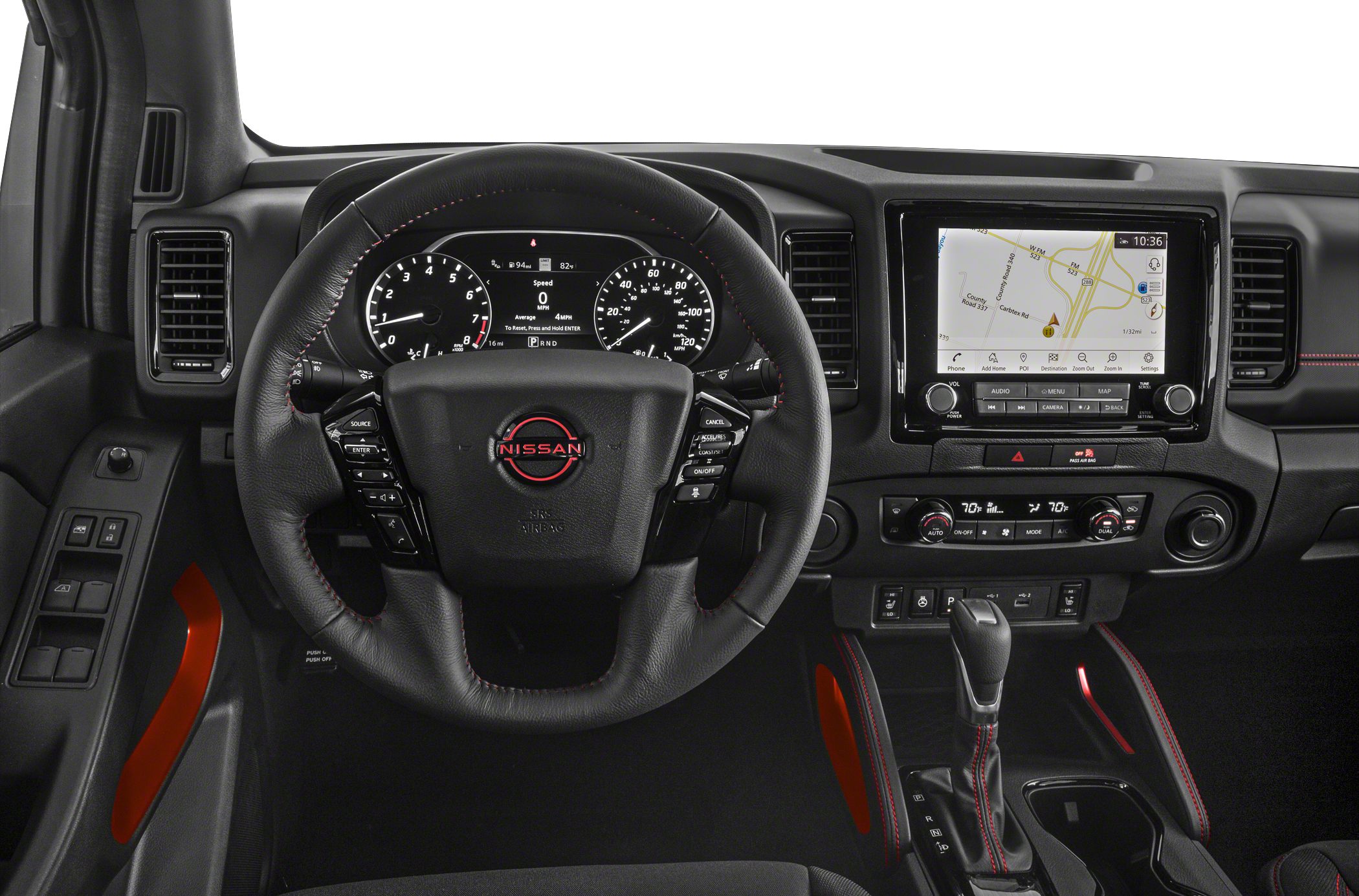 Steering wheel, digital instrument cluster, infotainment display, and center console details