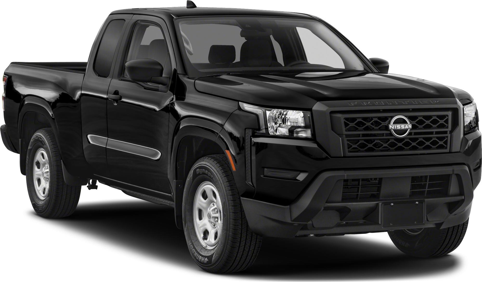 Front and side view of black extended cab pickup with bold grille