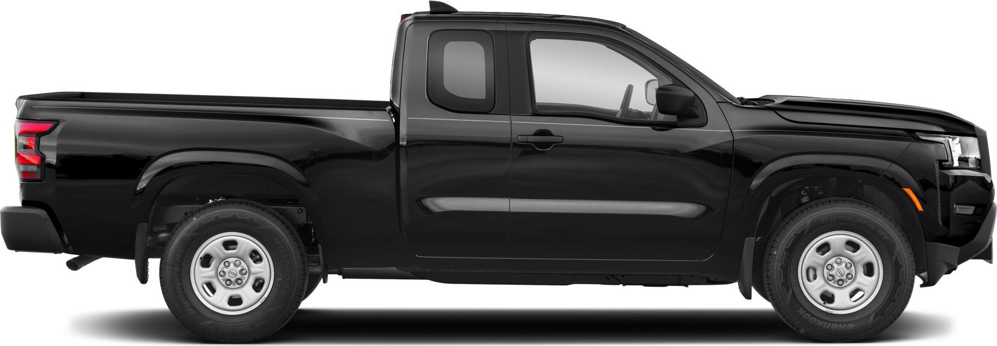 Side view of black extended cab pickup truck with mid-size bed
