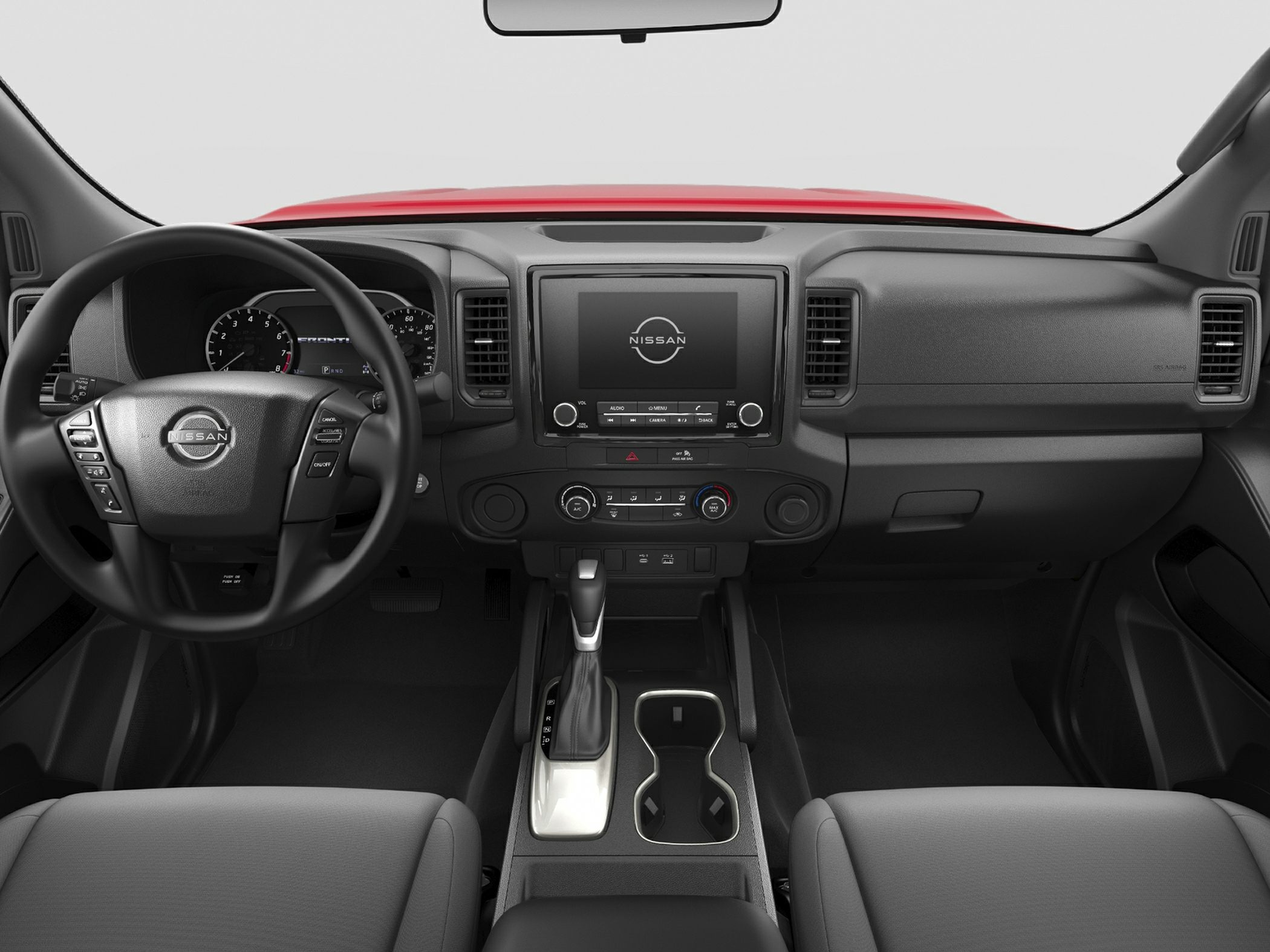 Steering wheel, dashboard, center console with gear shift, infotainment display