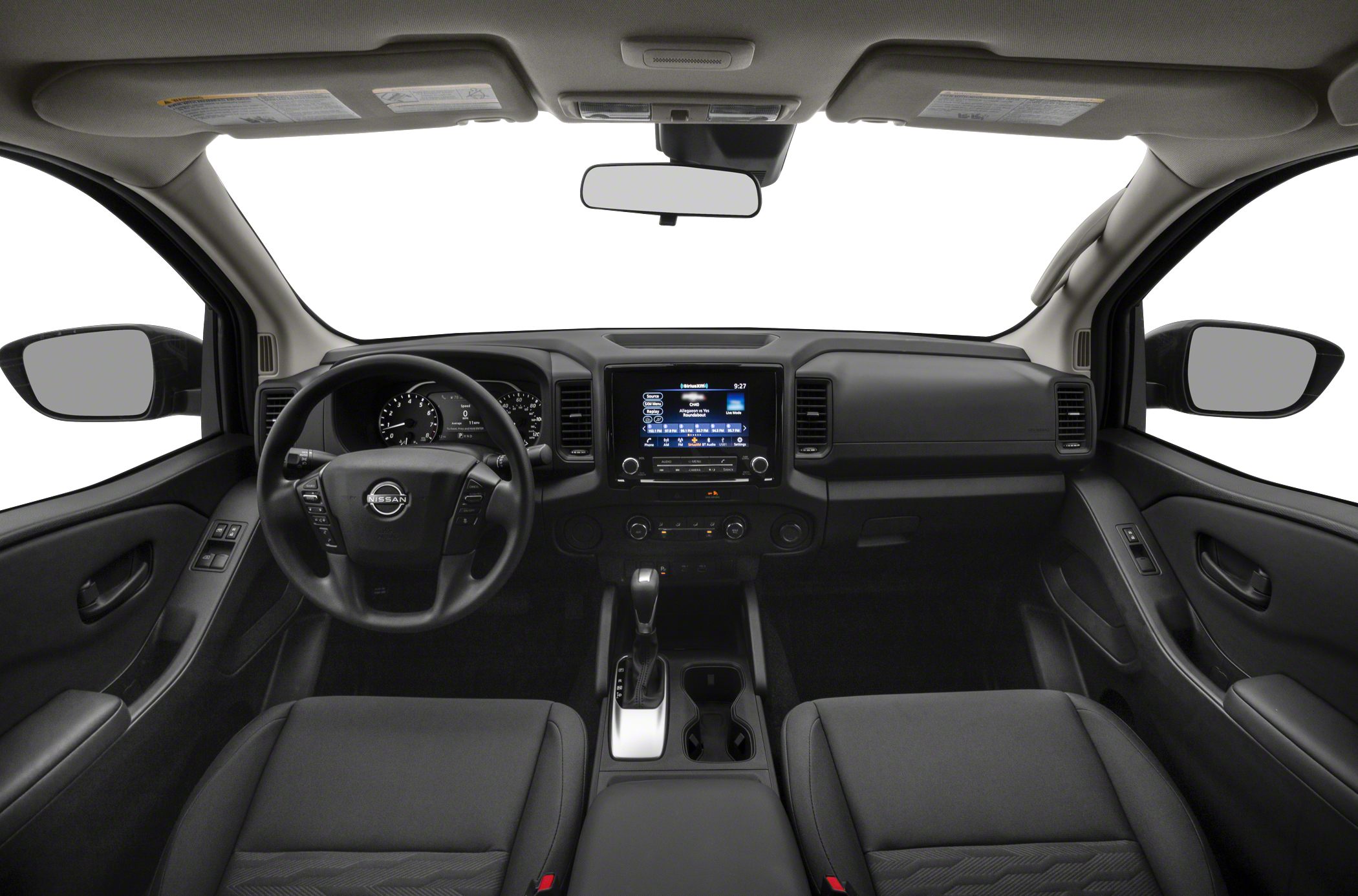 Modern pickup interior with touchscreen dashboard and steering wheel controls