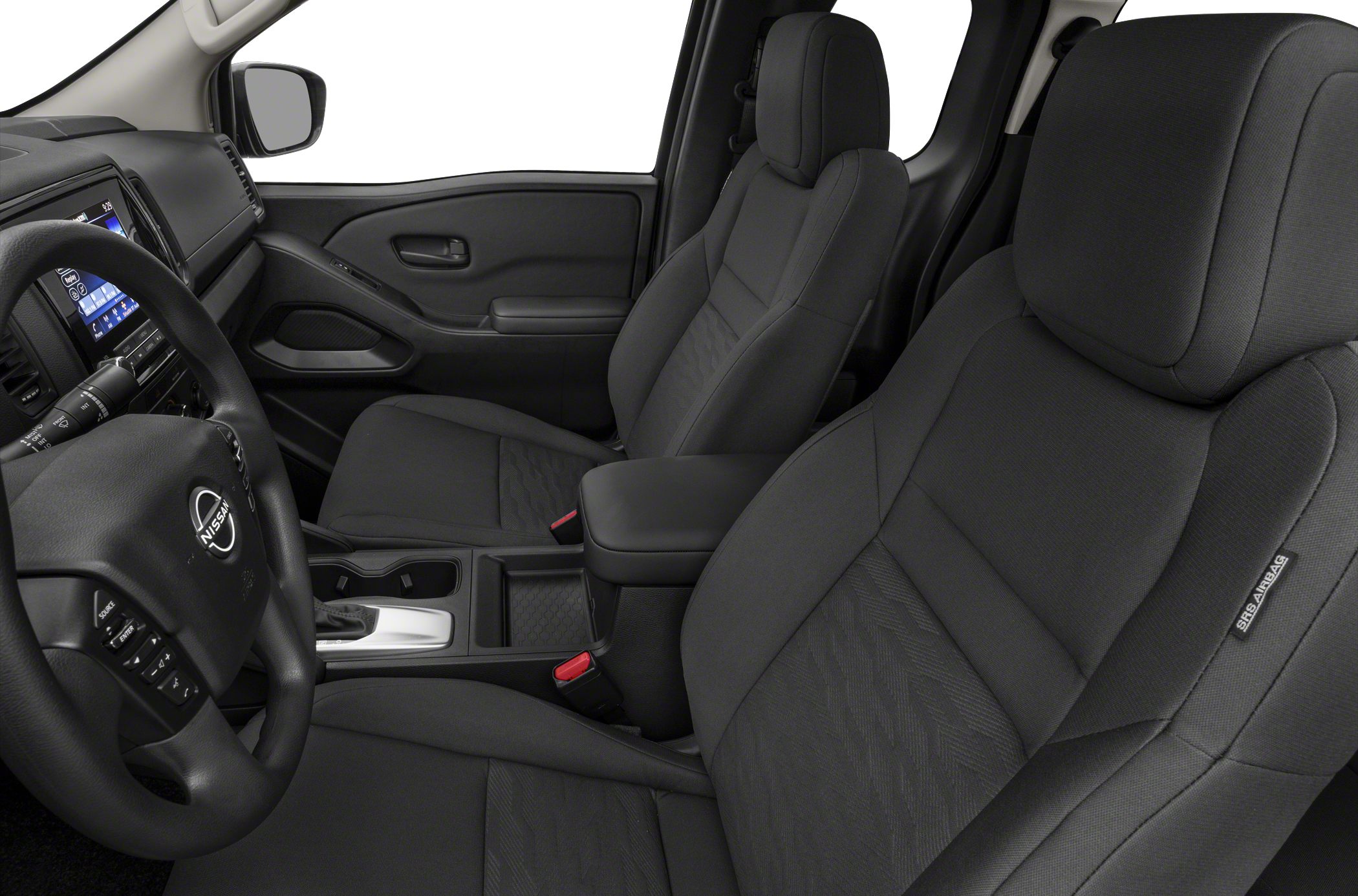Modern dashboard and ergonomic seats in a mid-size truck interior