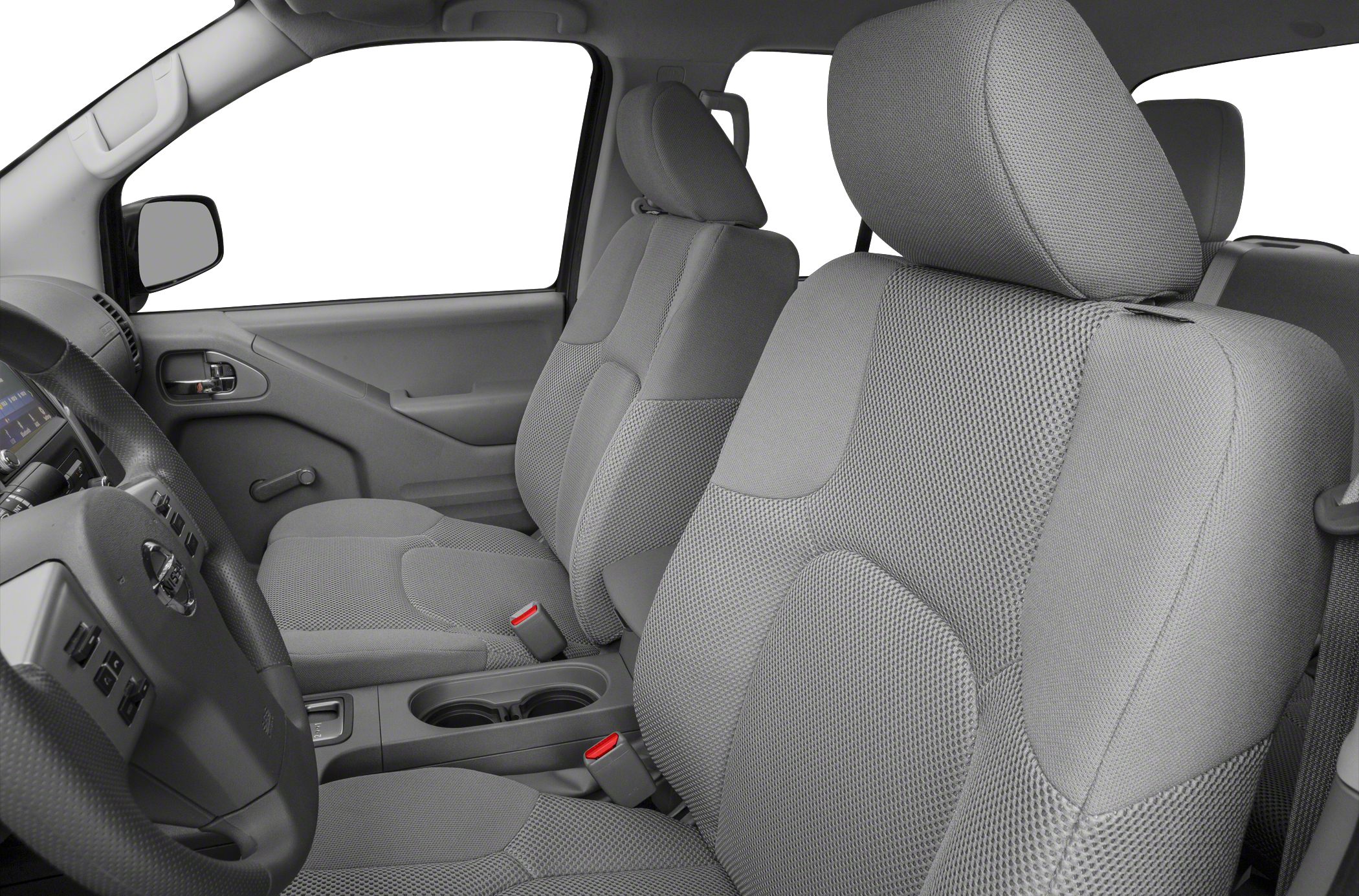 Fabric seats with detailed stitching and dashboard interior view