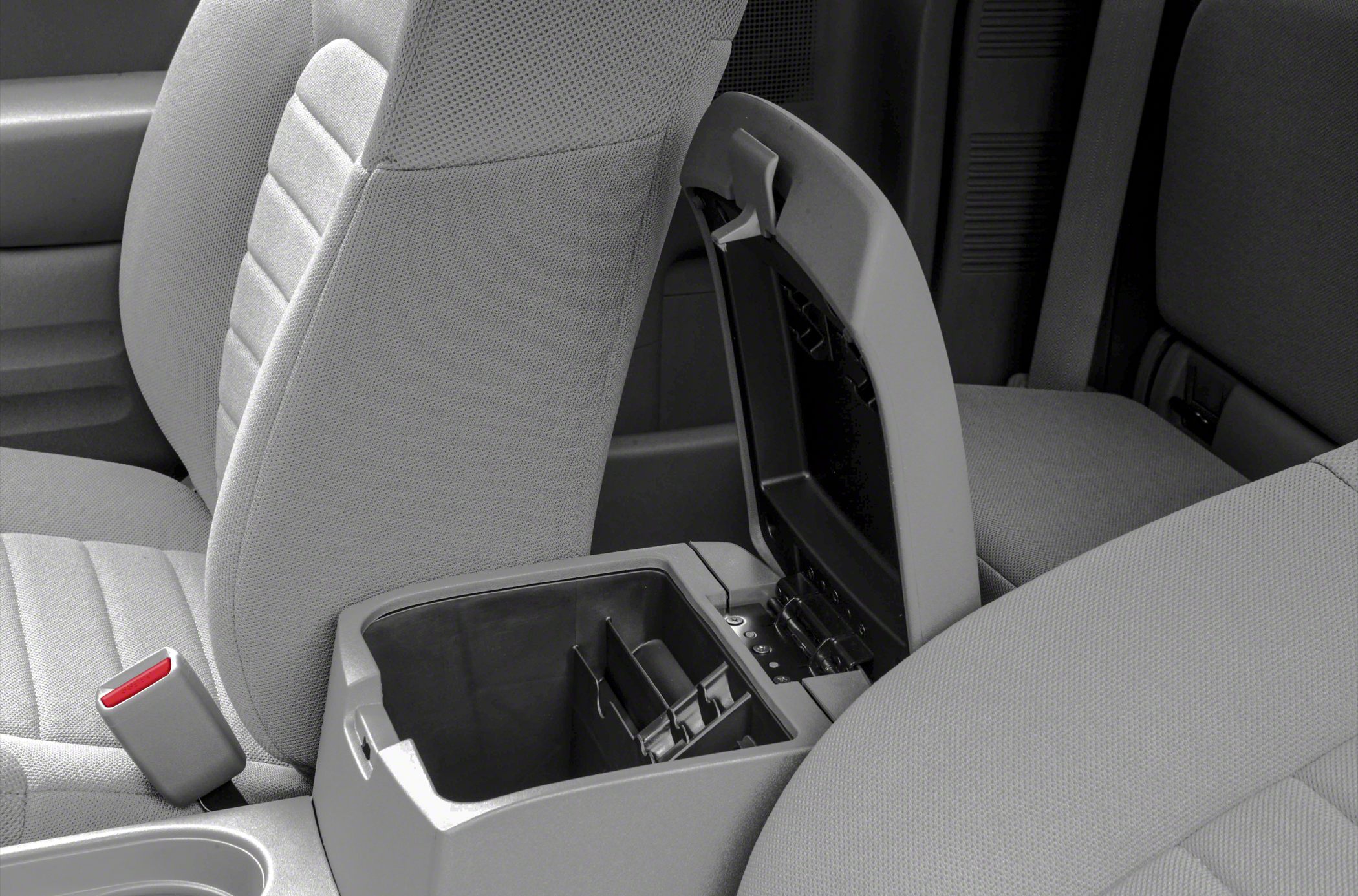 Open center console storage compartment and fabric seats