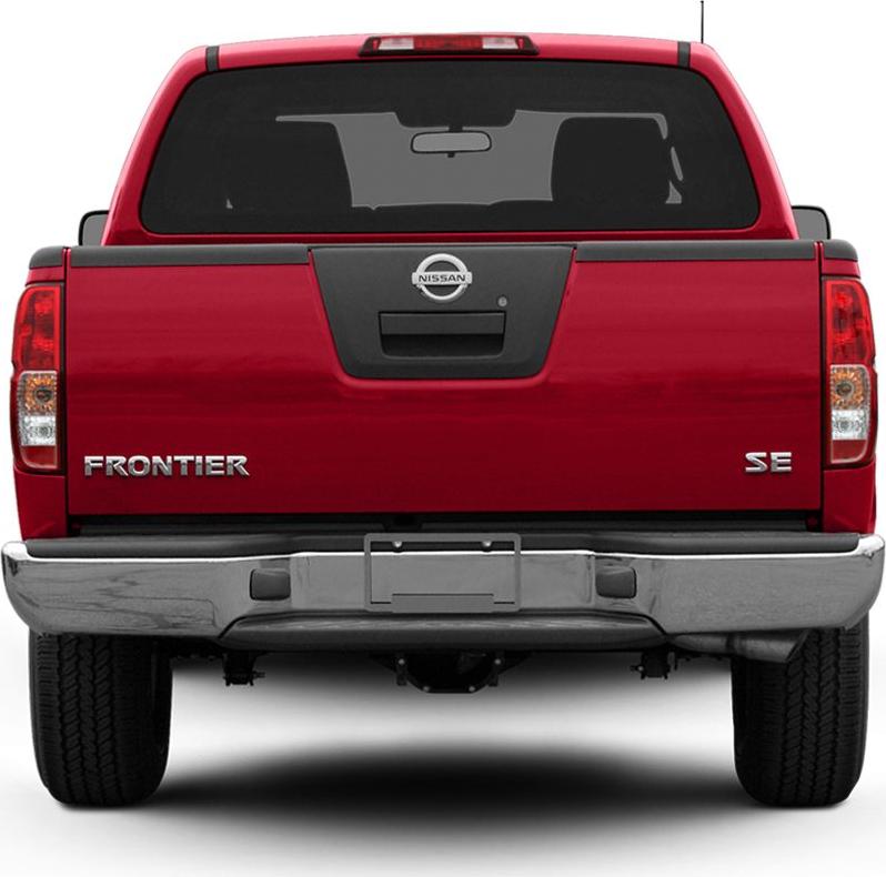 Red pickup truck rear with tailgate, bumper, and rear window.