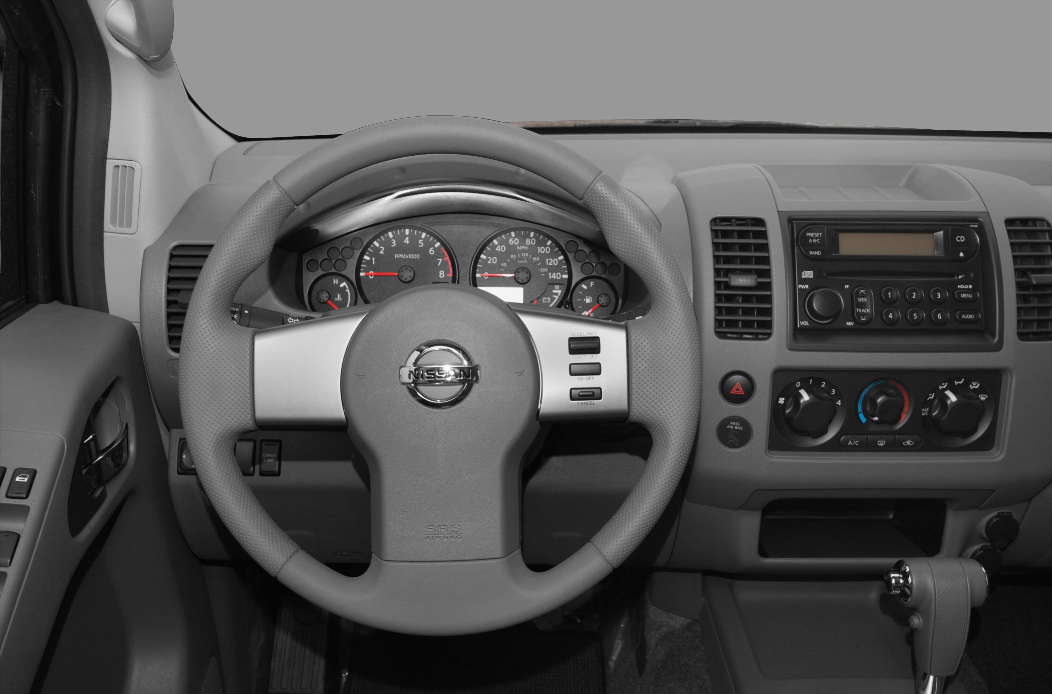 Steering wheel, dashboard instruments, and center console controls.