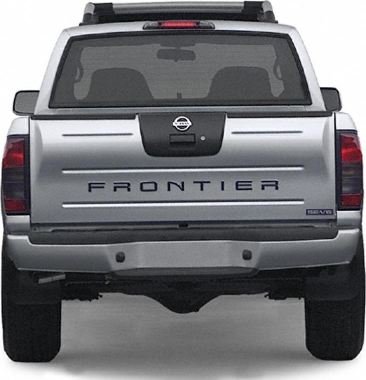 Rear view of a silver pickup truck tailgate with Nissan emblem and 'FRONTIER' text