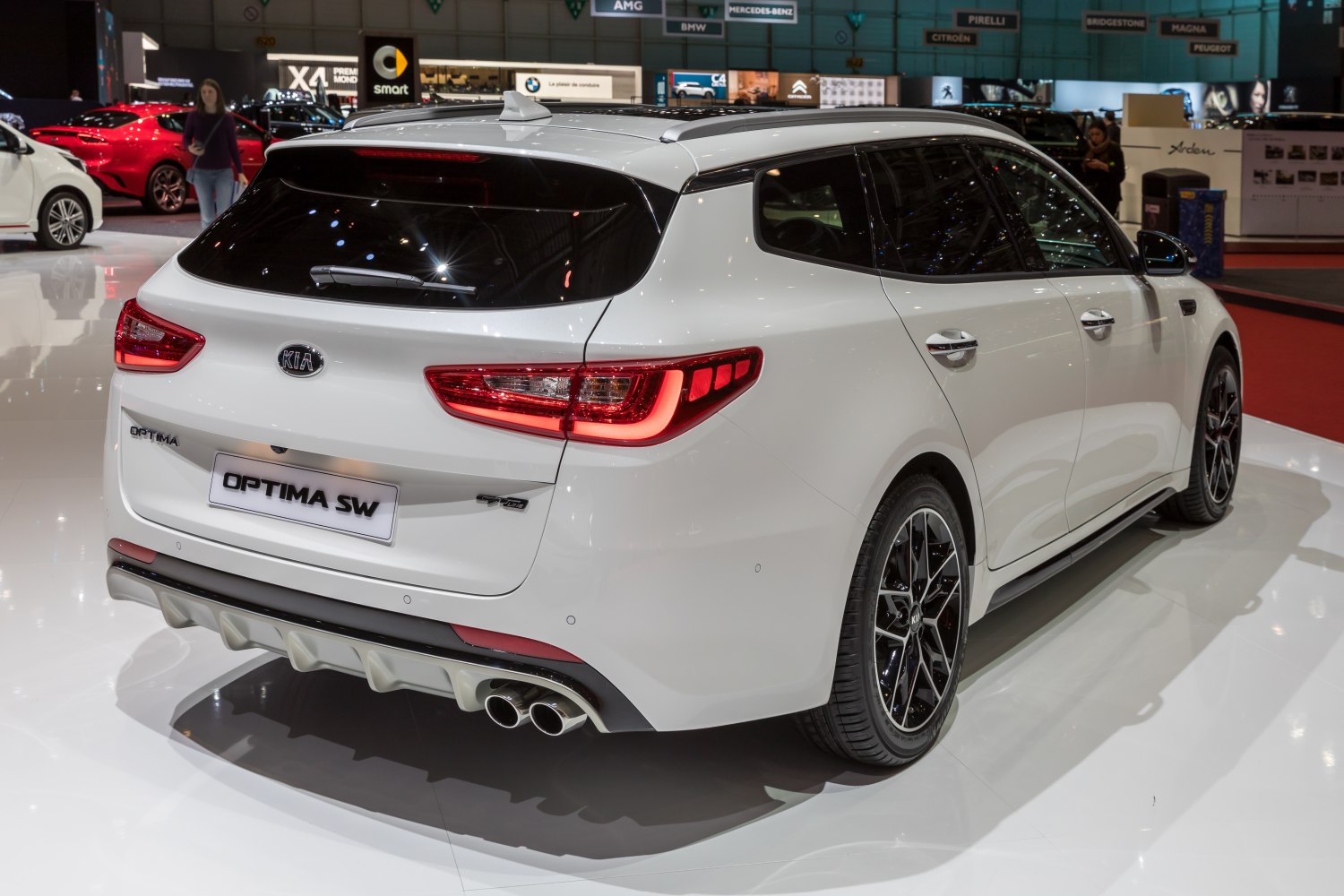 Rear view of station wagon with LED tail lights and dual exhausts