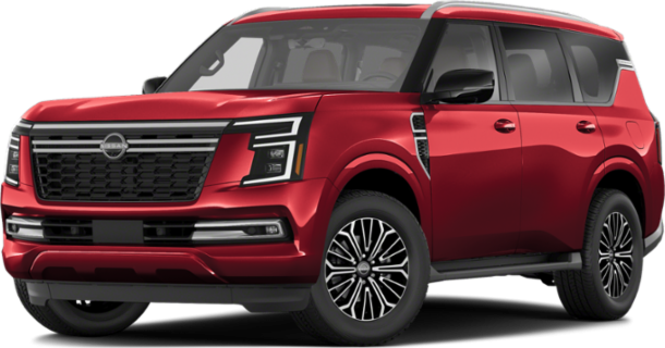 Front and side exterior of a red SUV with LED headlights and alloy wheels