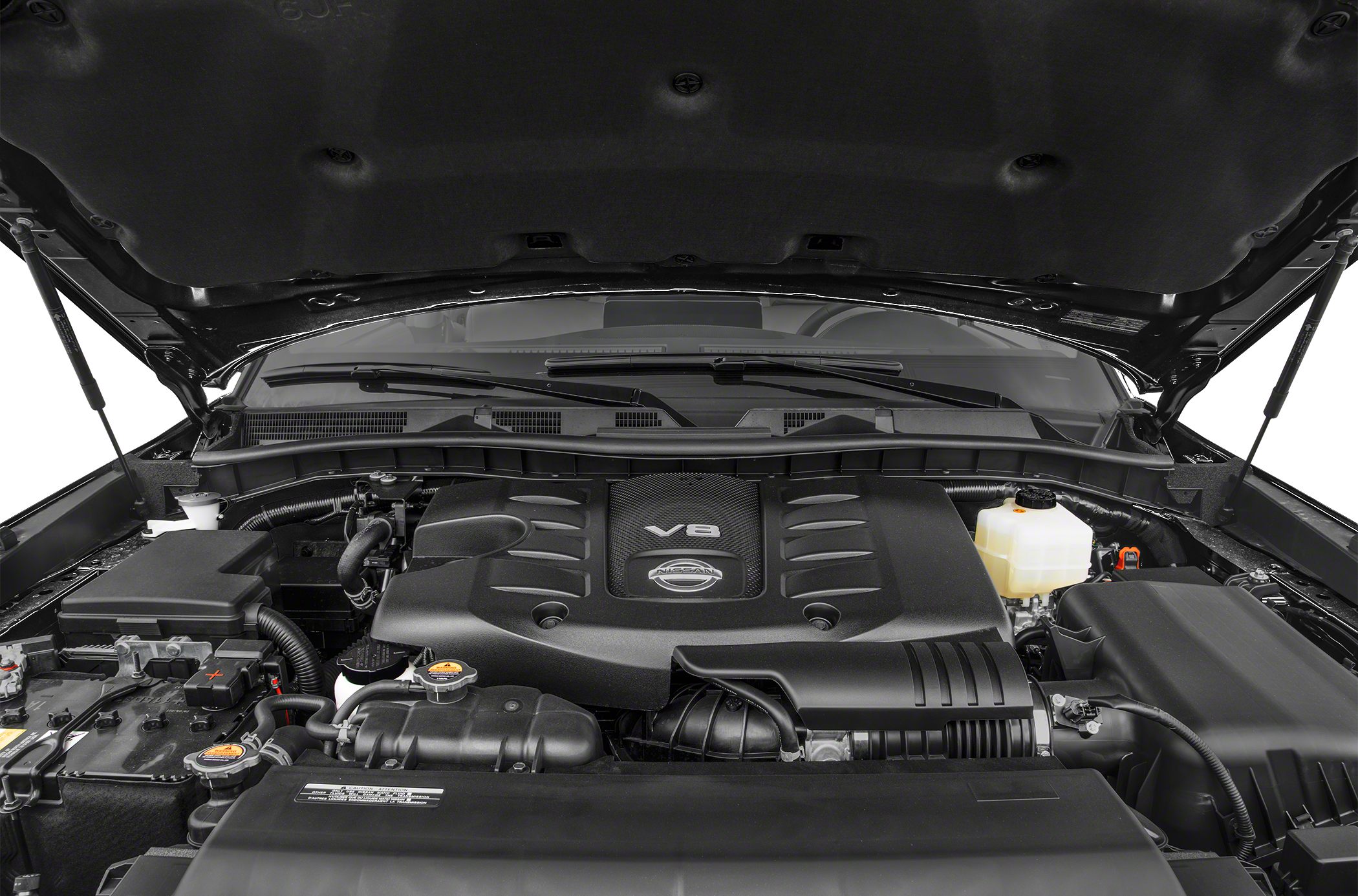V8 engine bay with visible components and engine cover
