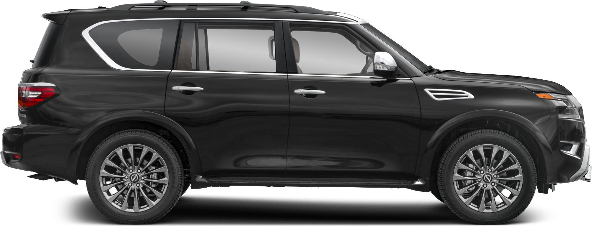 Full side profile of black SUV with alloy wheels and chrome details