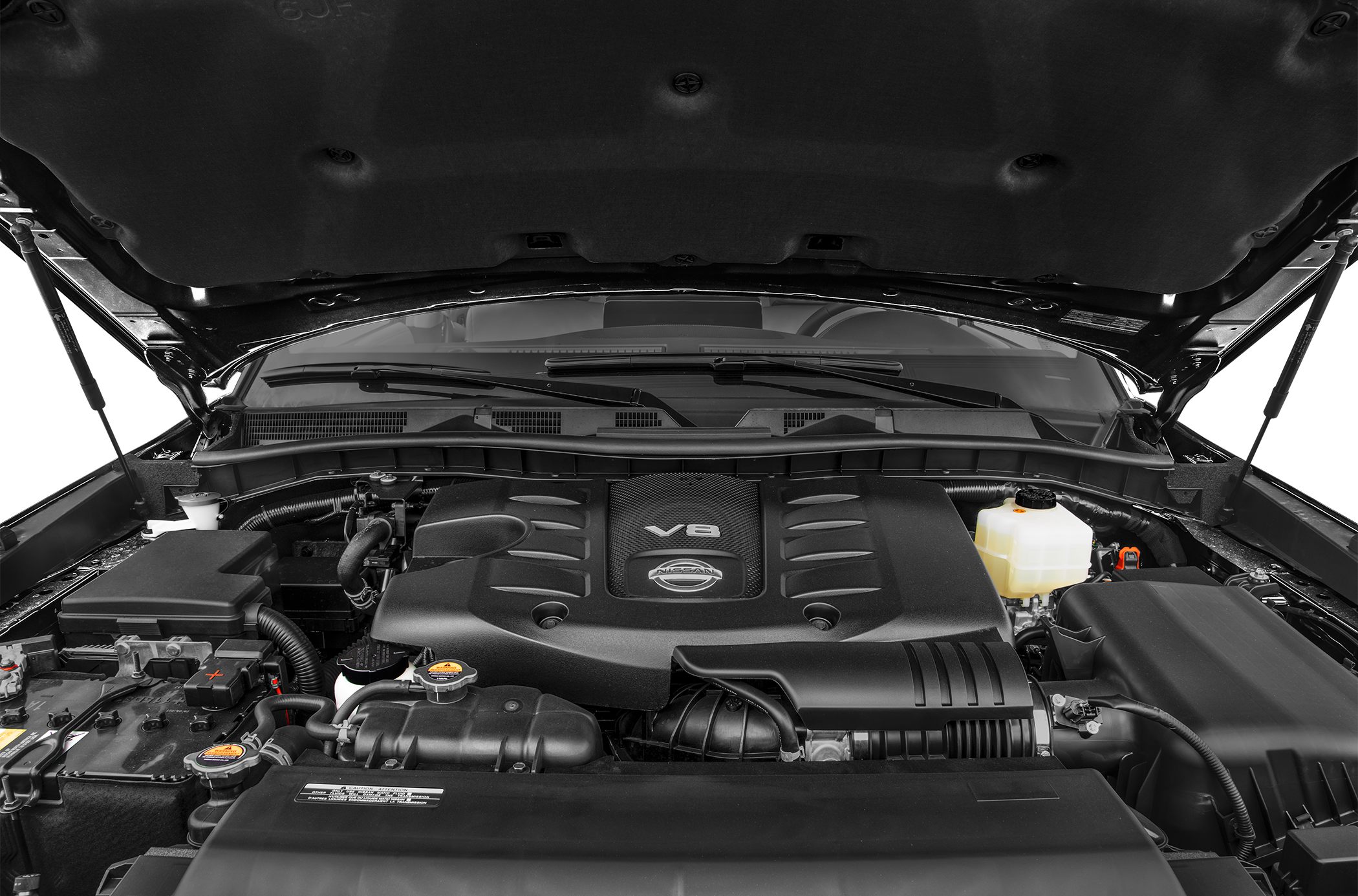 Close-up of a V8 engine in an open hood
