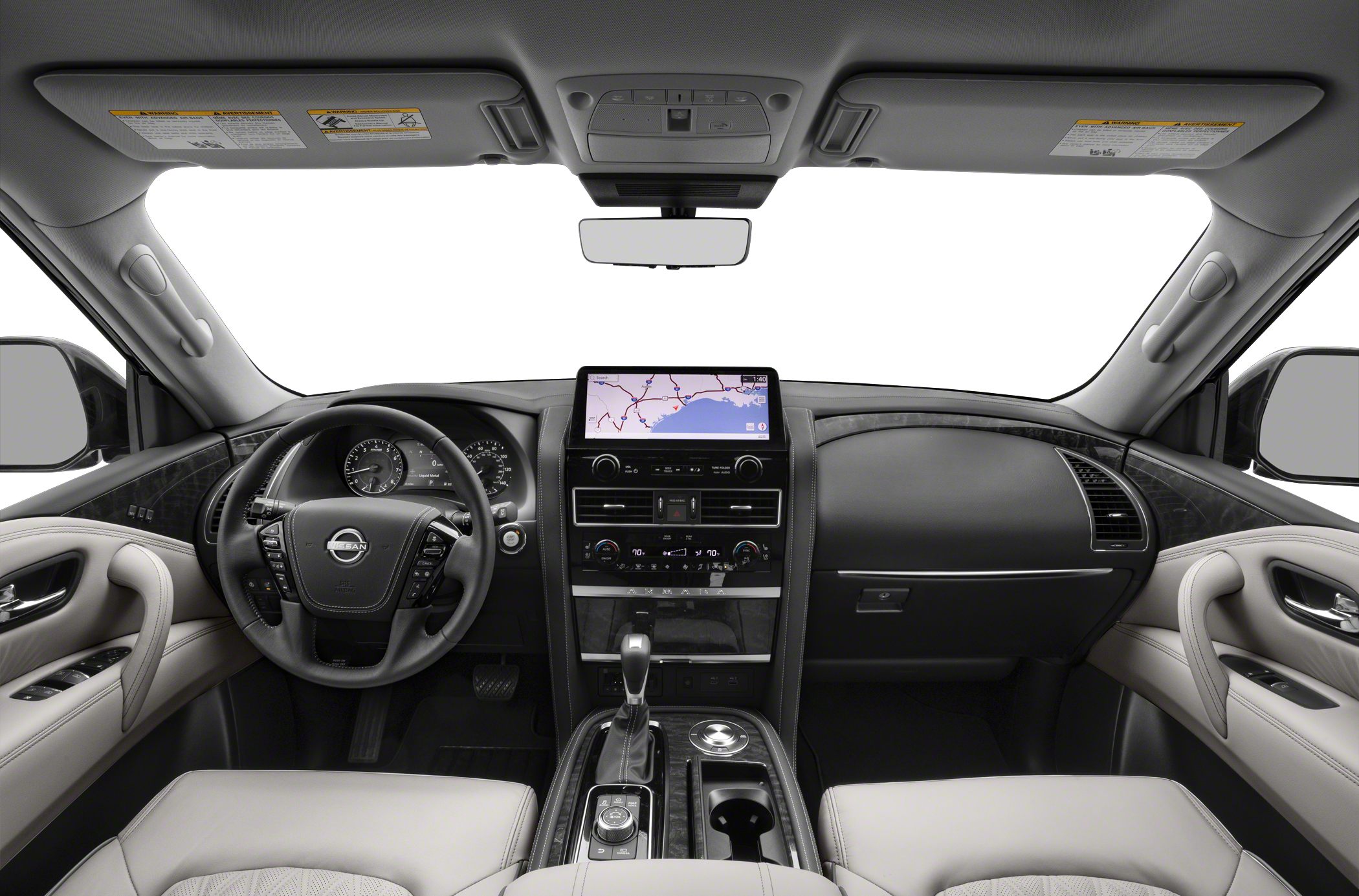 Luxury SUV interior with dashboard, touchscreen, leather seats, and center console.